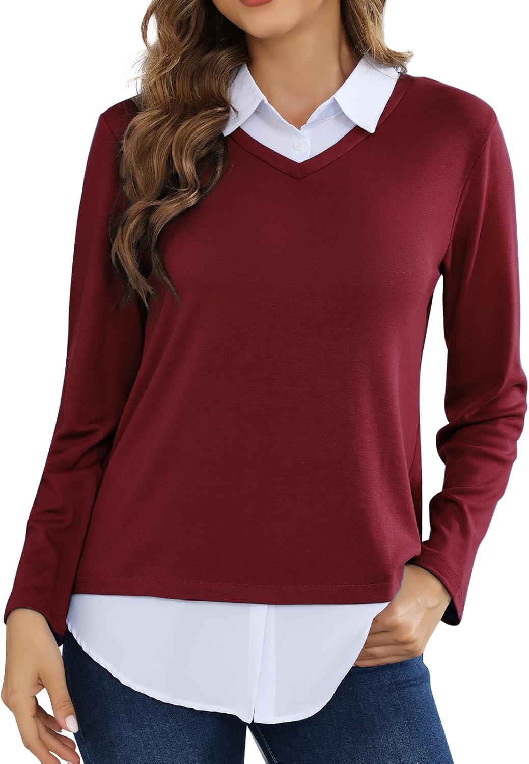 MISS FORTUNE Women's V-Neck Fall Winter Sweater Collar 2 in 1 Casual Long Sleeve Patchwork Office Pullover Shirts 2025 - Image 2