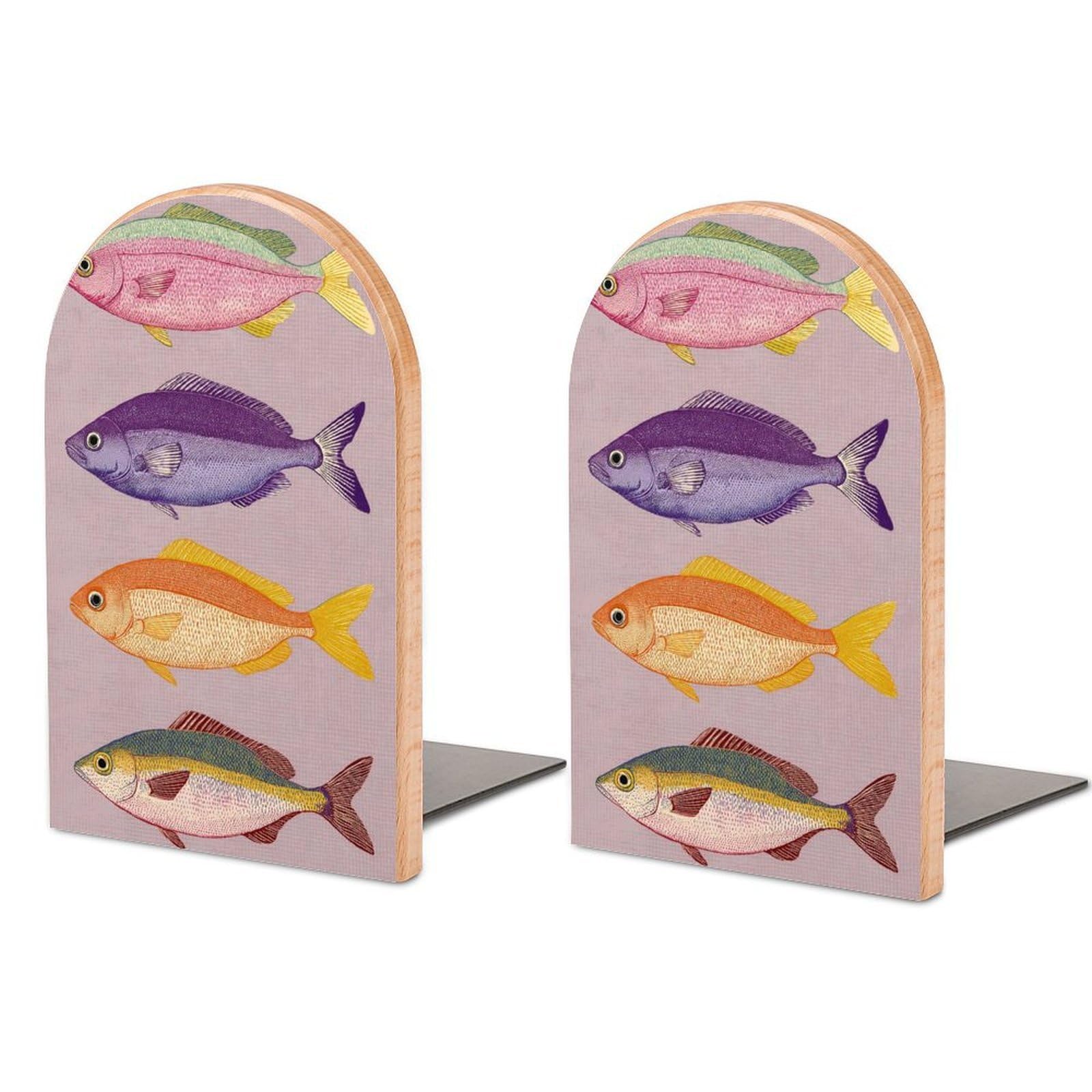 Four Stylized Fish Wooden Bookends Shelves 2 PCS Sturdy Book Holders Desktop Organizer for Home Office Libraries