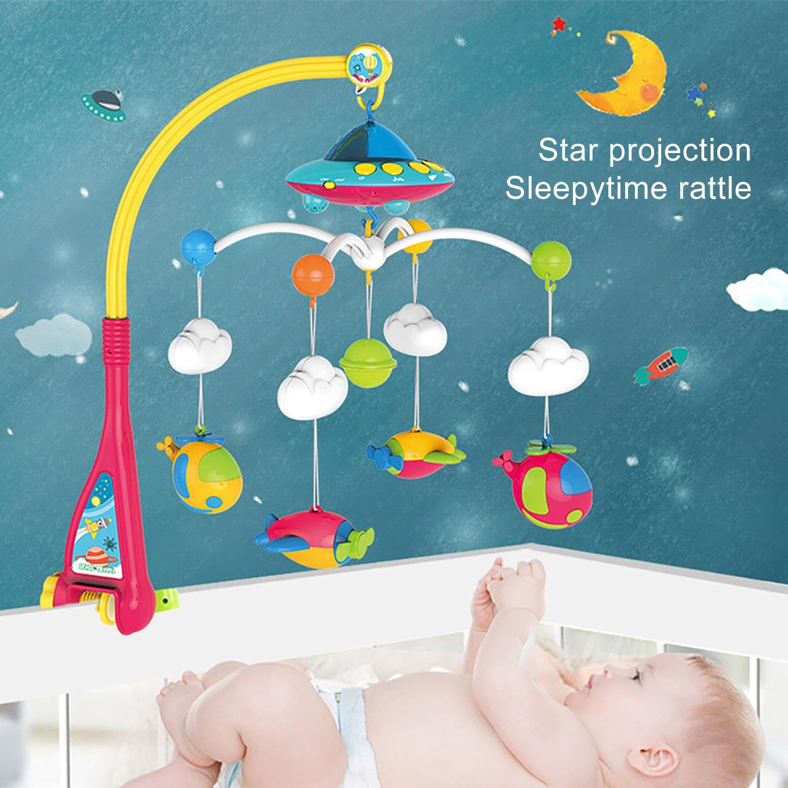 Mobile de cuna con música, móvil musical para cuna Luces Función del | Decoración de la guardería en el hogar Cuestionario para bebés para vacaciones de cump