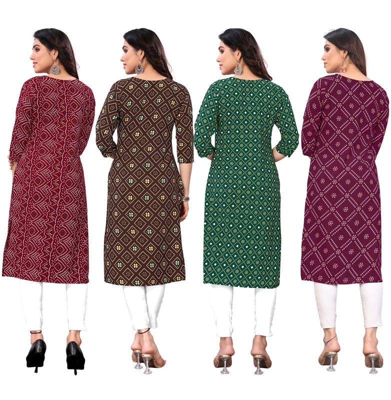 Image of JAKHANA Women's Crepe Printed Casual Straight Calf Length Round Nick Kurta Pack of 4