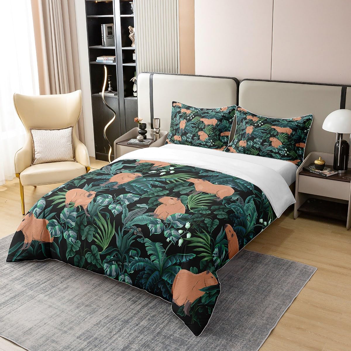 Homewish Funny Capybaras 100% Cotton Duvet Cover Single,Cartoon Capybara Stuffed Animals Comforter Cover,Tropical Palm Tree Leaves Bedding Set,Hawaiian Green Summer Quilt Cover Soft Breathable 2Pcs - Image 3