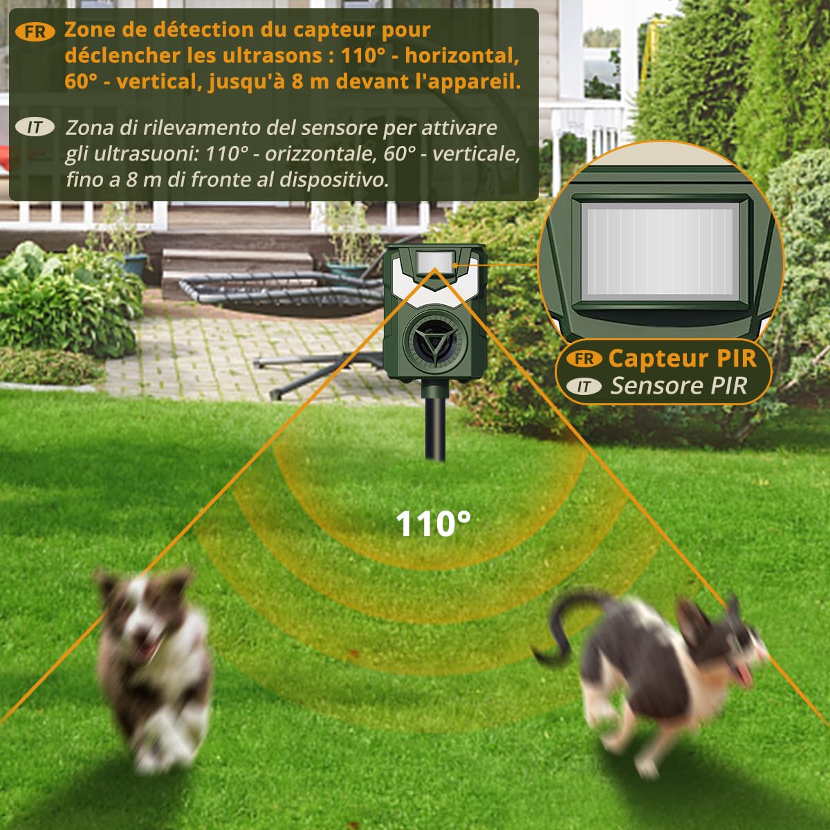 Répulsif Chat Ultrason avec Lumière Flamme LED, Recharge Solaire et USB, Étanche pour Jardin Potager, Lot de 2
