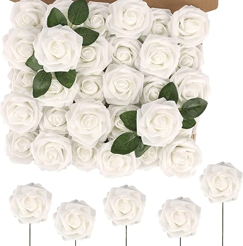 Miniatura 32 de MACTING Flores Artificiales Rosas 30PCS Tacto Real Flores Falsas con Tallo Rosa de Espuma Arcoíris para Bricolaje Ramos de Novia de Boda Centros