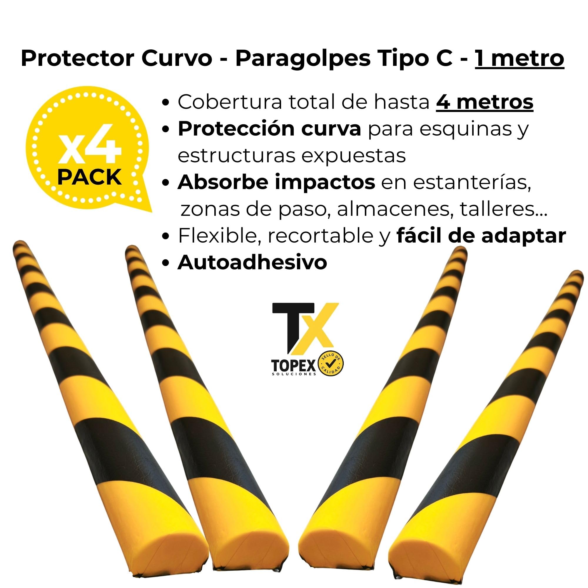 Protector Bordes Curvos Tipo C – Paragolpes Espuma Amarillo Negro – Protección Estructuras Industrial – 1 m Ø40 mm – Pack 4