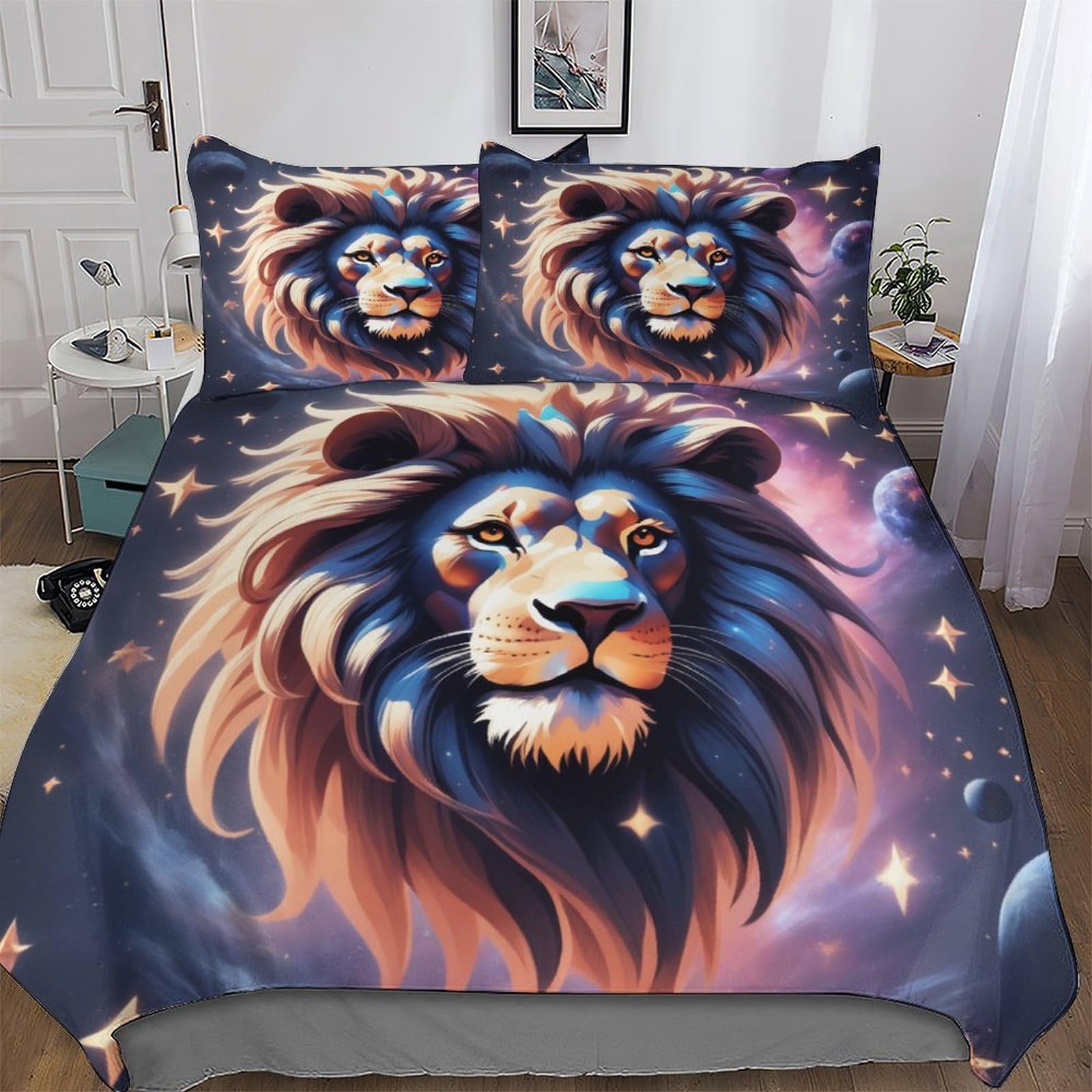 Housse de couette lion 200x200 cm avec ses deux taies d'oreiller pour lit double