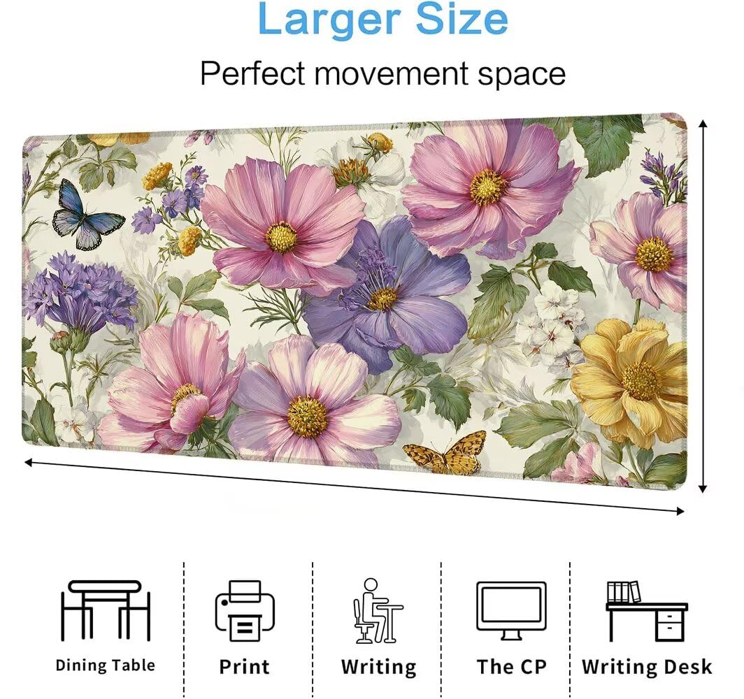 Alfombrilla Ratón XXL 1600x800x3 mm Mouse Pad Grande Gaming Flores Alfombrilla Escritorio,con Base de Goma Tapete Escritorio con Bordes Cosidos, Impermeable Antideslizante Ordenador Desk Mat zj-913