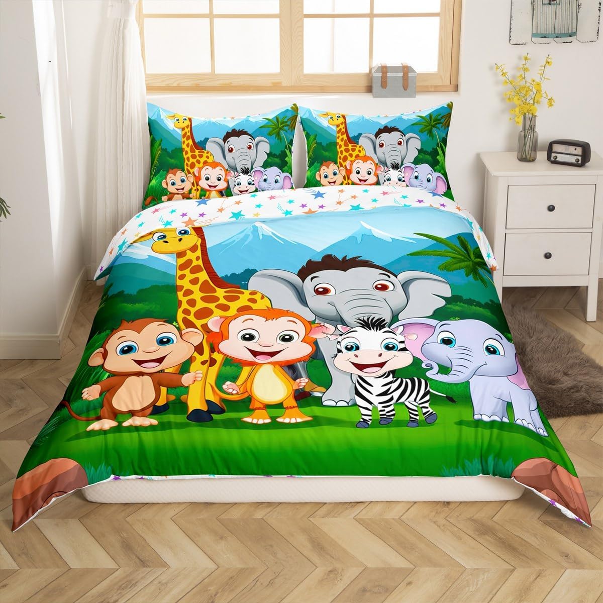 Feelyou Kids Animal Comforter Cover Set Cartoon Lion Elephant Giraffe Printed Duvet Cover Child Boys Girls Safari Zoo Pattern Bedding Set Bedspread Bedroom Collection 3Pcs King Size