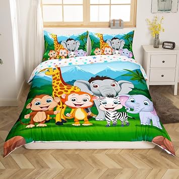 Feelyou Kids Animal Comforter Cover Set Cartoon Lion Elephant Giraffe Printed Duvet Cover Child Boys Girls Safari Zoo Pattern Bedding Set Bedspread Bedroom Collection 2Pcs Twin Size