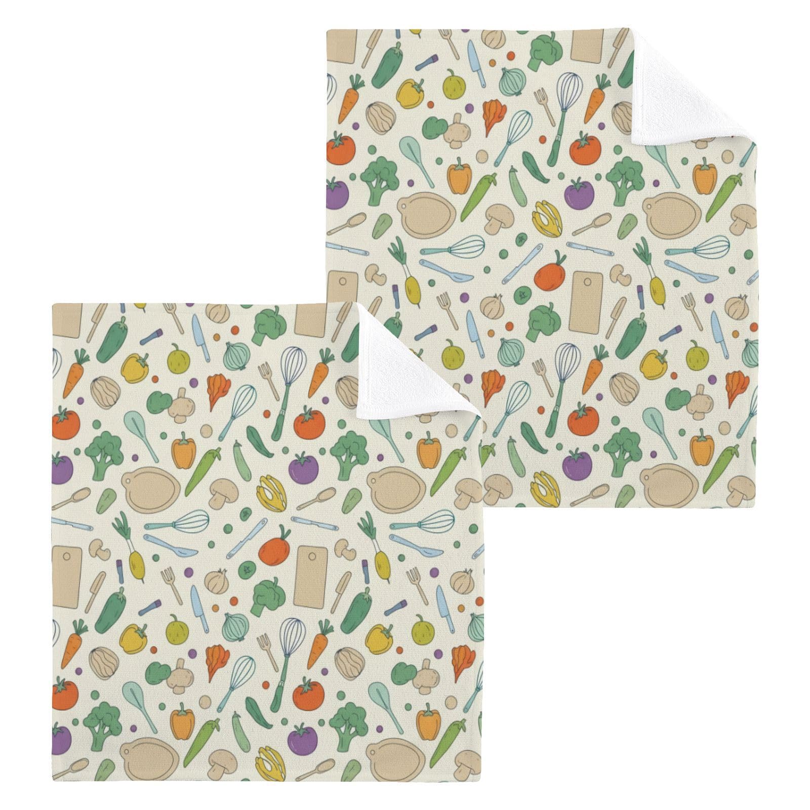 BOESI Doodle Veggie 12x12in Cotton Washcloth,Soft Absorbent Face Towel
