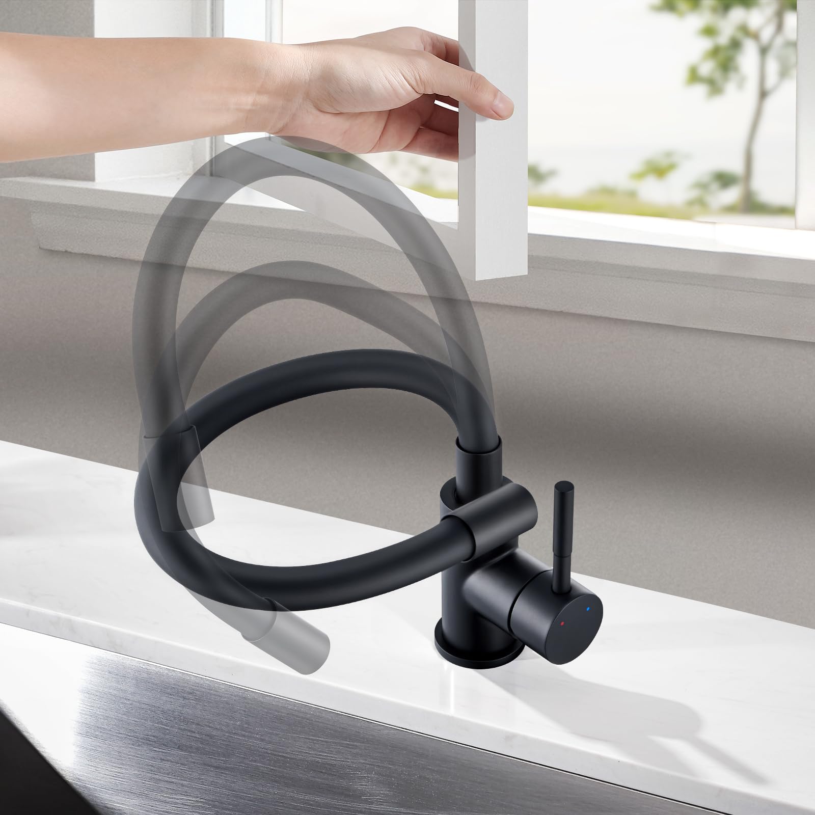 Auralum Wasserhahn Küche mit flexiblem Silikon-Auslauf, Schwarz Matt | Hochdruck Armatur, biegsam & formbar, 360° drehbar, Abnehmbarer Wasserspar-Strahlregler & leckfreie Keramikkartusche
