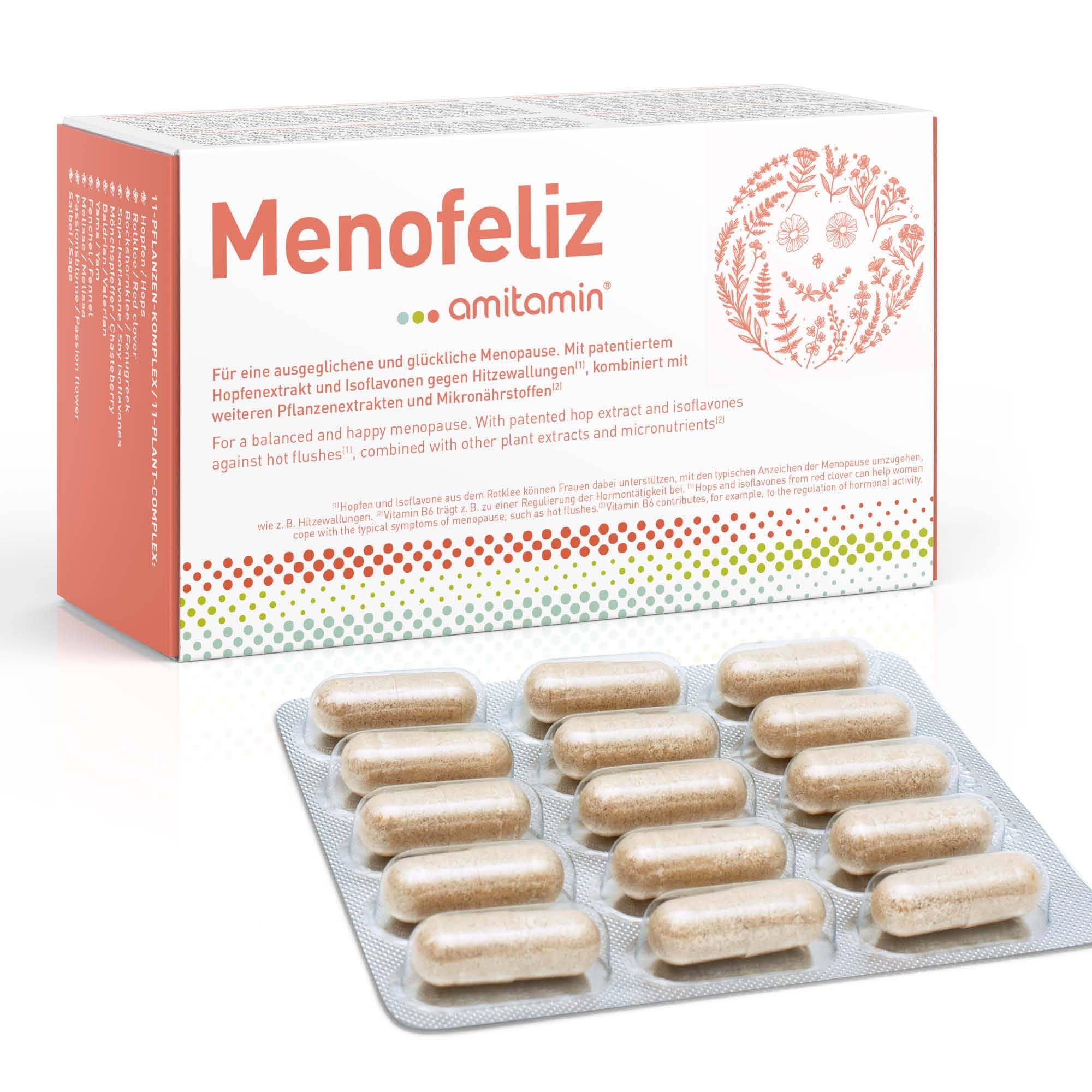 amitamin® Menofeliz – 60 Wechseljahre Kapseln – mit patentiertem Lifenol® Hopfenextrakt, Rotklee, Mönchspfeffer, Yamswurzel, Isoflavonen, B-Vitaminen, Magnesium, Kalzium – Vegan – Made in Germany