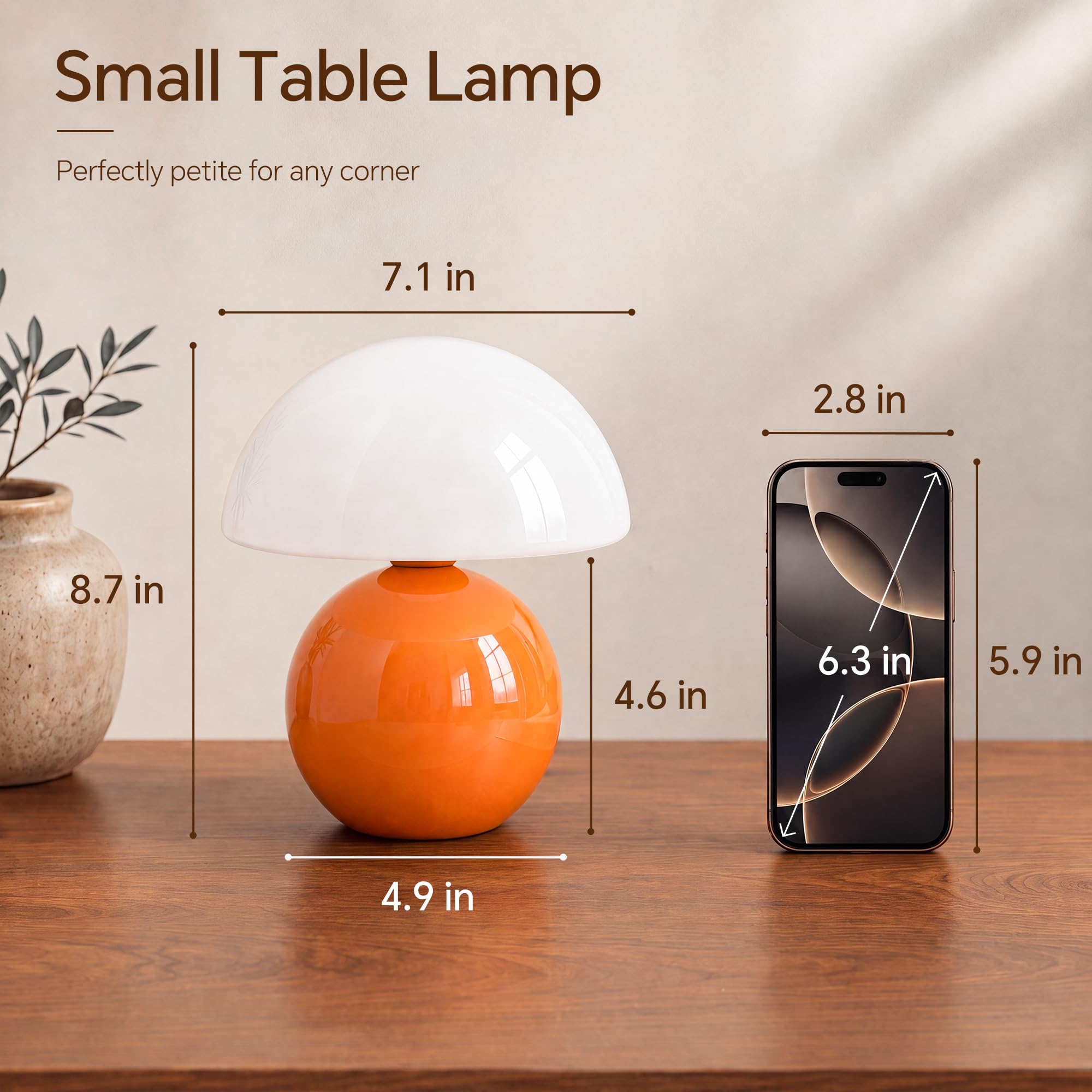 Dawnwake Lamparas de Mesita de Noche, Lámpara de mesa LED Regulable, Pantalla de Cristal Con Forma de Hongo y Base de Cerámica, Decoración del Hogar Para Dormitorio, Sala de Estar (Naranja)