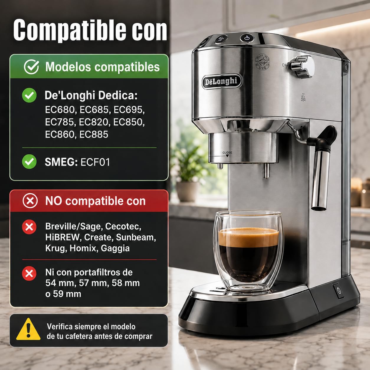 Portafiltro Sin Fondo 51mm para Espresso Preciso, Compatible con Portafiltro Delonghi Dedica, Incluye Kit Barista 51mm para una Preparación más Consistente, Madera Palosanto
