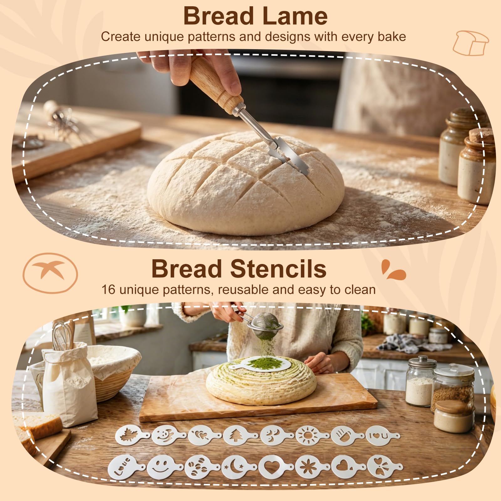 Kit Cestino da Lievitazione per Pane, Banneton Rotondo 10 Pollici con Frusta per Impasto, Raschietto, Spatola, Pennello, Setaccio, Vasetto 900ml