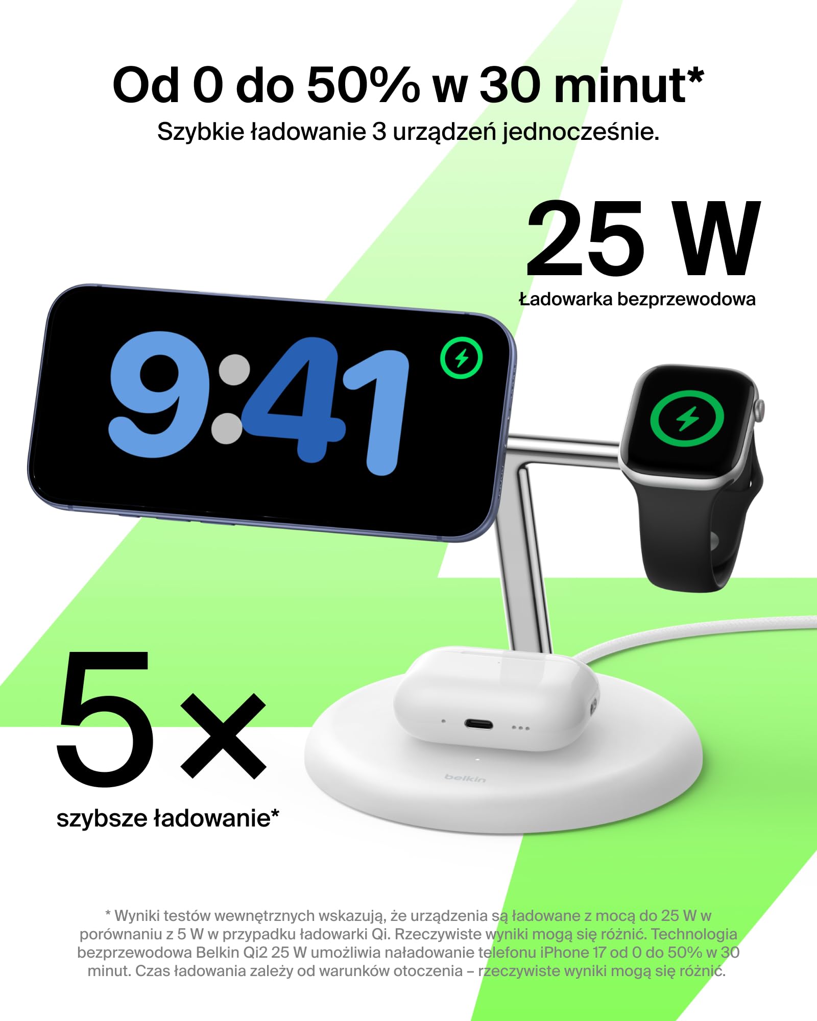 Belkin UltraCharge Bezprzewodowa Stacja Ładująca 3 w 1 z Qi2, 25 W – Biała | Zgodna z MagSafe Ładowarka do Urządzeń iPhone, Apple Watch i Słuchawek, Certyfikat Qi2.2, z Kablem USB-C i Zasilaczem 45 W