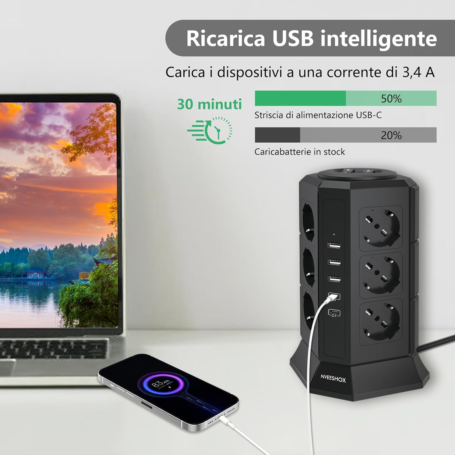 NVEESHOX Ciabatta Multipresa con 12 Prese Schuko (4000W 10/16A) & 2 USB-C (20W PD3.0) & 3 USB-A, IT Multipresa Verticale Protezione Sovratensione con Interruttore,Presa Multipla Cavo 2 M (Nero) - Immagine 3