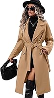 utcoco Women's Long Wool Blend Pea Coat: Notched Lapel Double Breasted Trench Coat with Belt - Winter Warm Overcoat