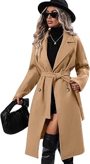 utcoco Women's Long Wool Blend Pea Coat: Notched Lapel Double Breasted Trench Coat with Belt - Winter Warm Overcoat