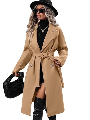 utcoco Womens Long Wool Pea Coat Notched Lapel Double Breasted