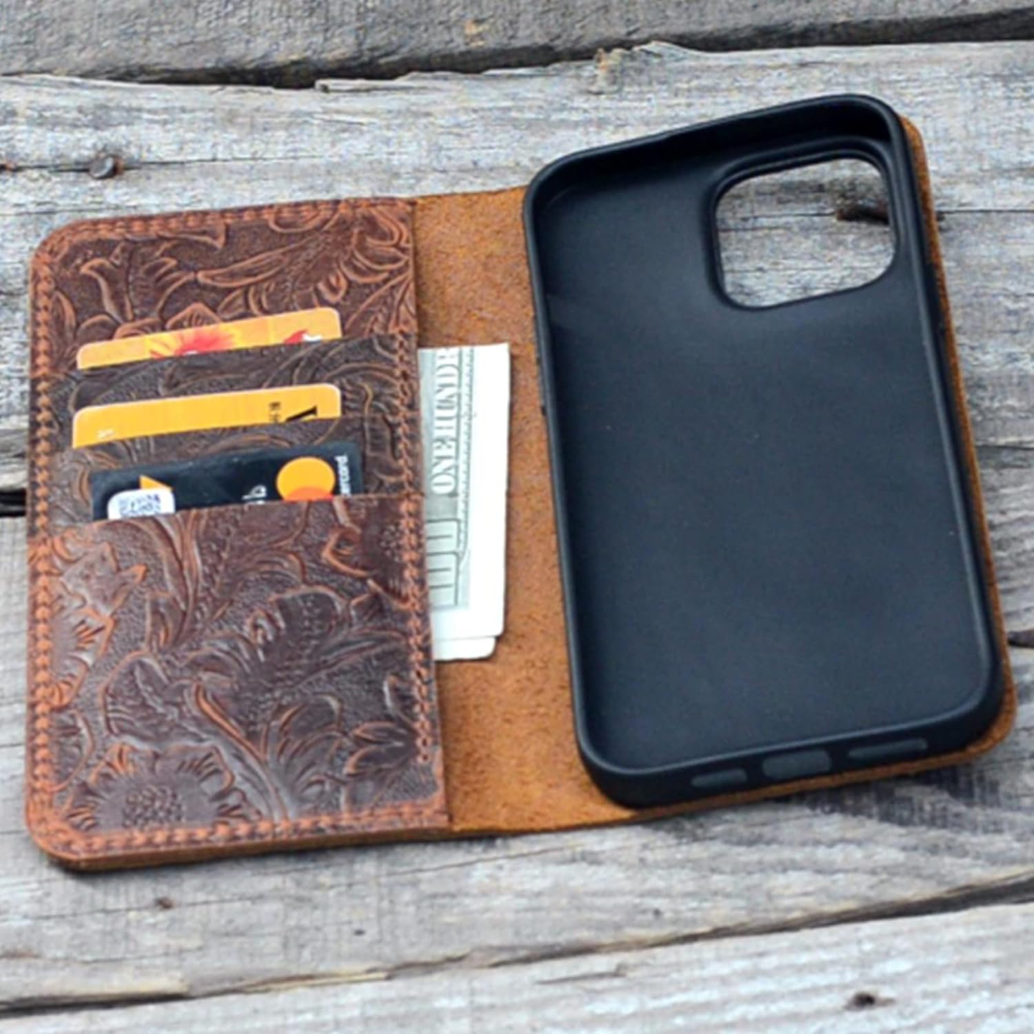 JJNUSA Case Compatible with iPhone 15 Case Genuine Distressed Leather Wallet Case Flip Cover with Wristlet Brown