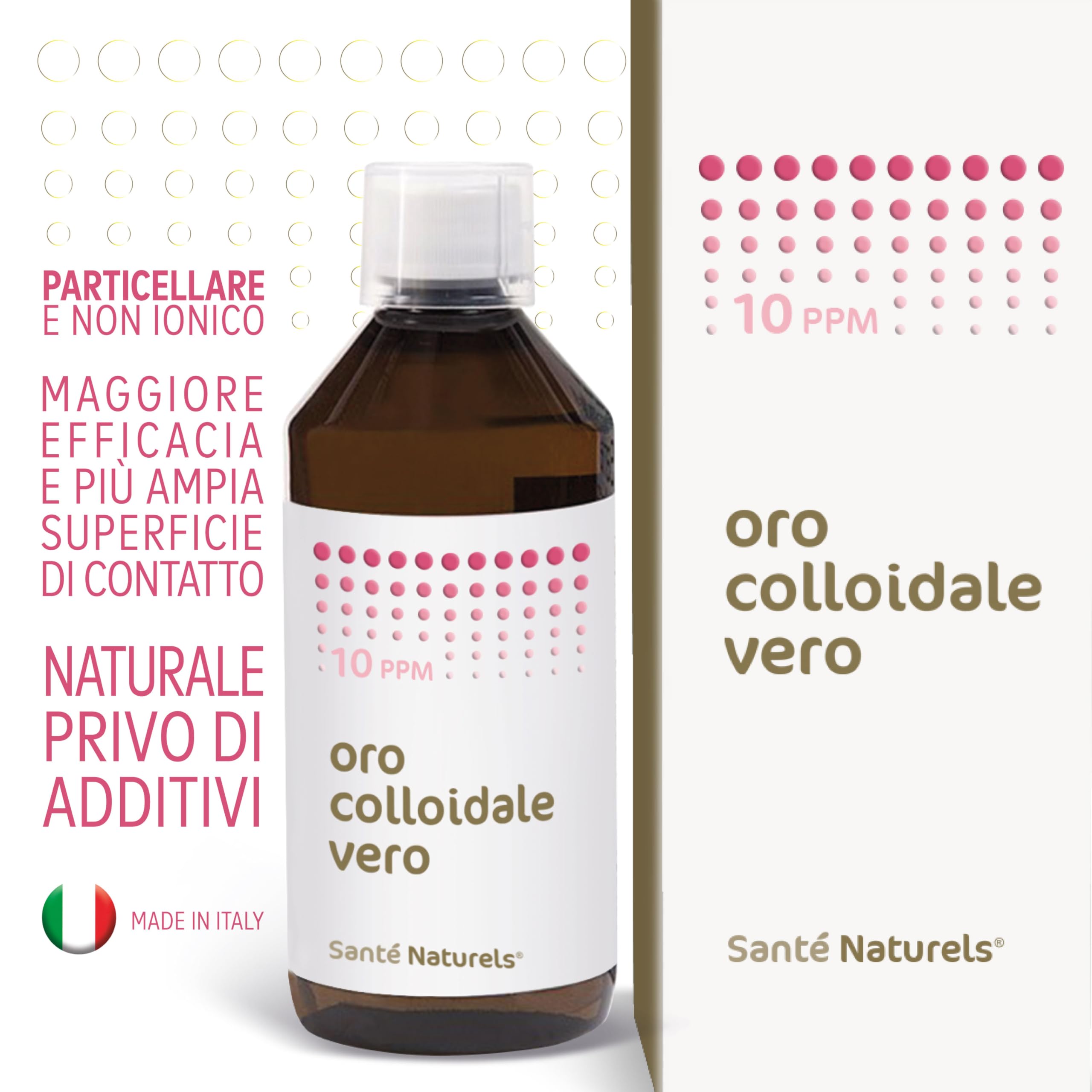 Oro Coloidal Verdadero ● 10 ppm 500 ml ● Particulado no Iónico con Pipeta Cuentagotas y Tapón Cuentagotas ● Made in Italy