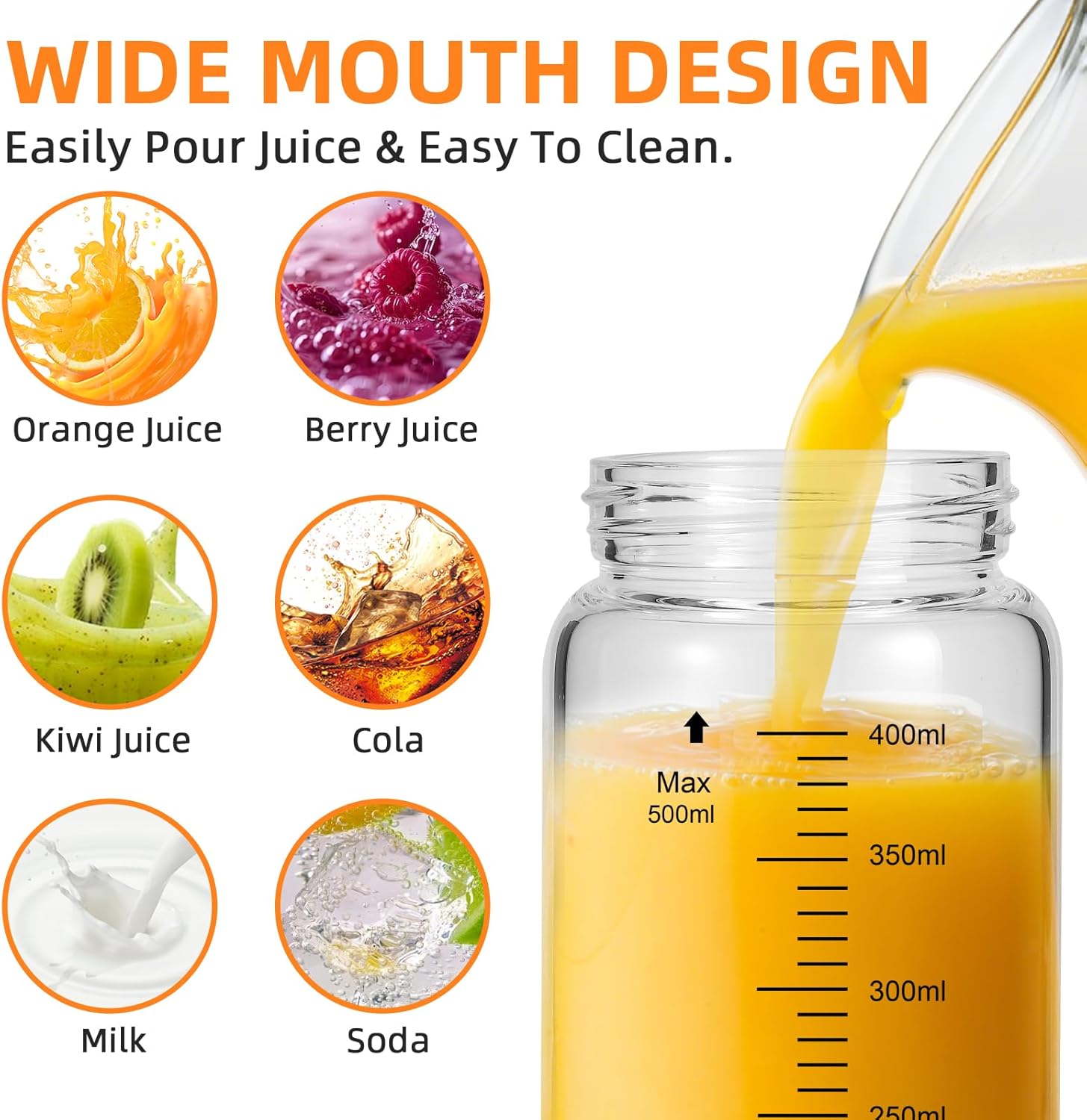 16oz Glass Juice Bottles with Lids 4-Pack, Wide Mouth Reusable Water Bottles for Juicing, Smoothies, Infused Water - Leakproof BPA Free Premium Clear Glass & Stainless Steel Lids, Fridge Safe
