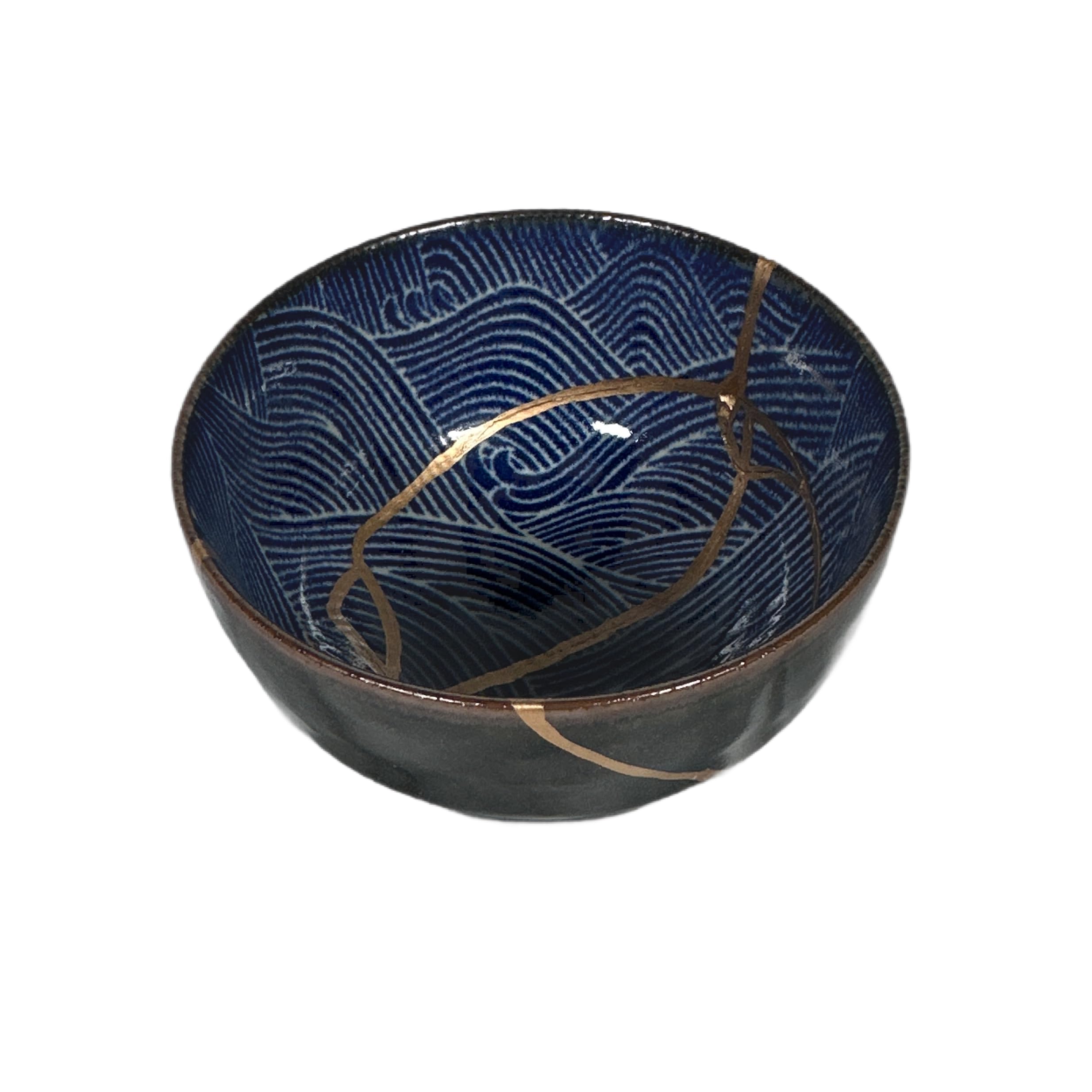 Generic Blue Wave Kintsugi Bowl, Gold Repair Ceramic Pottery, Kintsugi Pottery for wellness and reconnection, Ceramic Japanese Pottery for Decoration, One of Kind Piece of Art