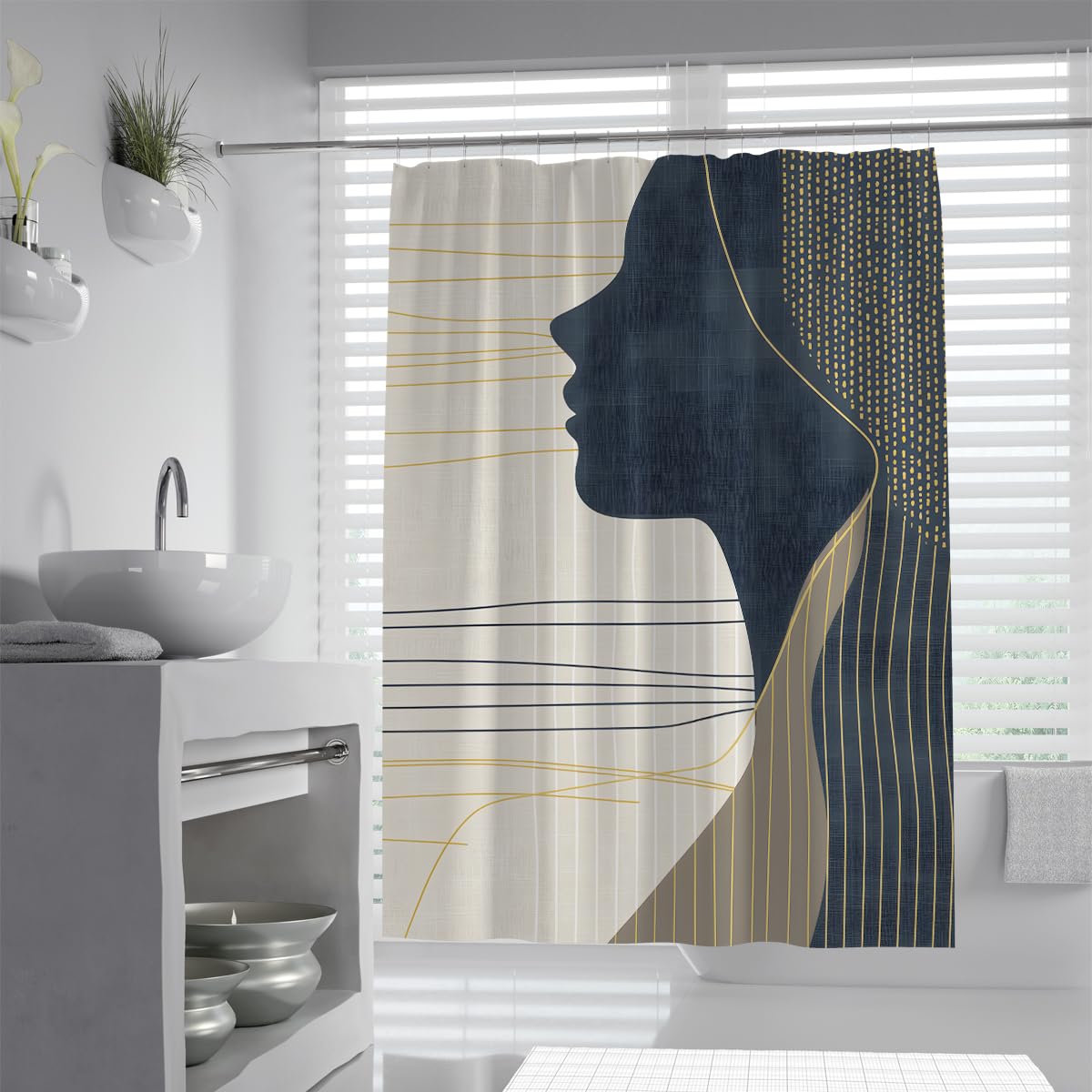 UIRINGART Navy Blue Gold Abstract Woman Silhouette Shower Curtains W180xL220cm Modern Minimalist Waterproof Mildew Resistant Bathroom Shower Screen Decor With Hook