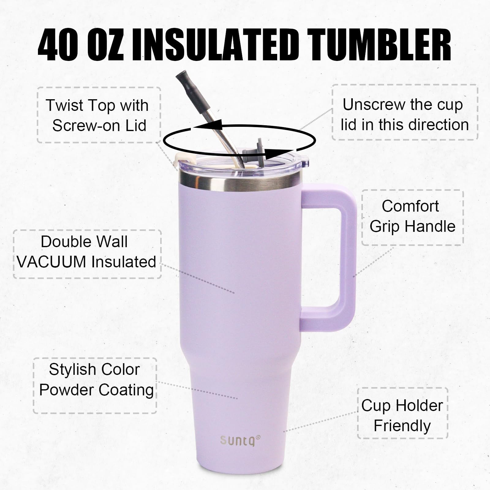SUNTQ 40oz Tumbler with Handle, Double Wall Vacuum Insulated Water Bottle with Straw and Lid - Image 2