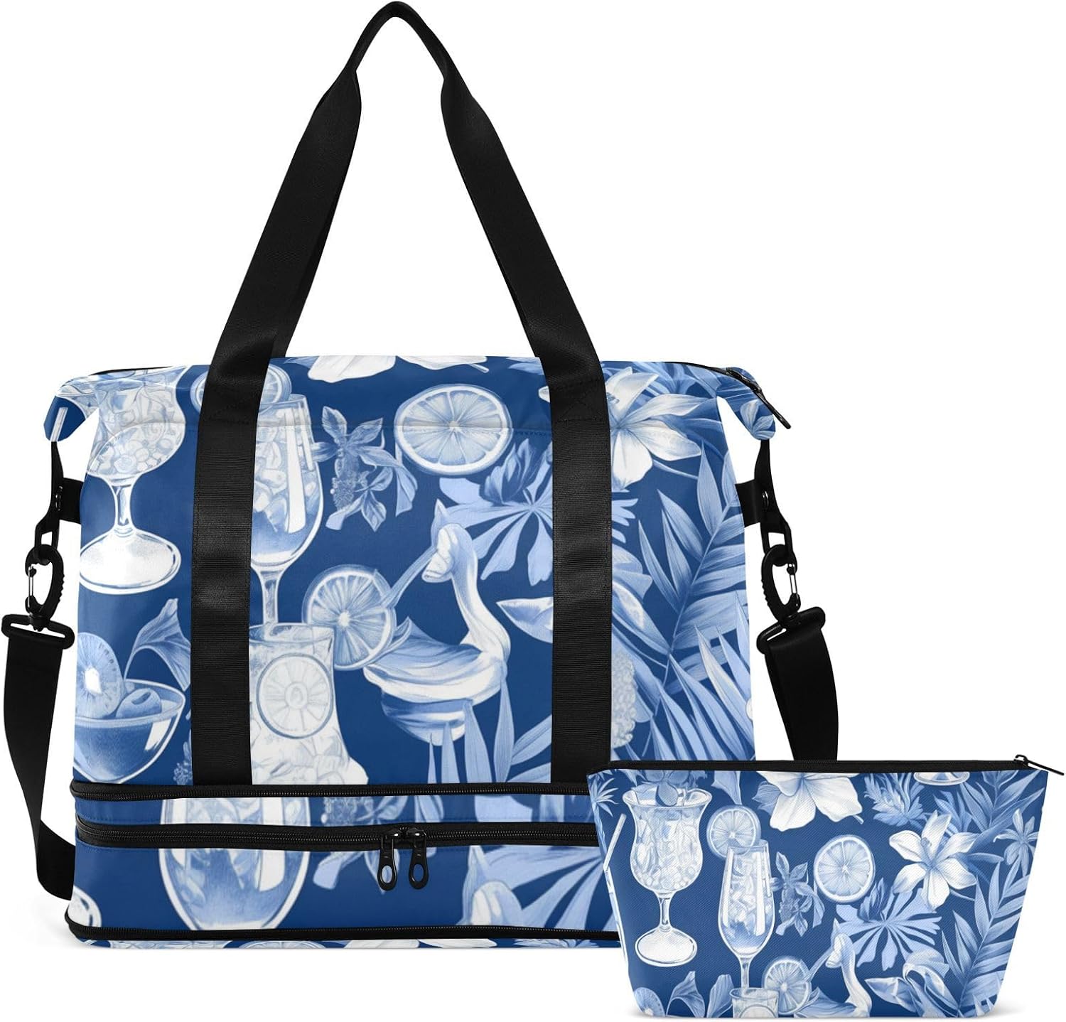 Blue and White Cocktail Lemon Gym Tote Bag Sport Training Bag with Toiletry Bag for Travel Multifunctional