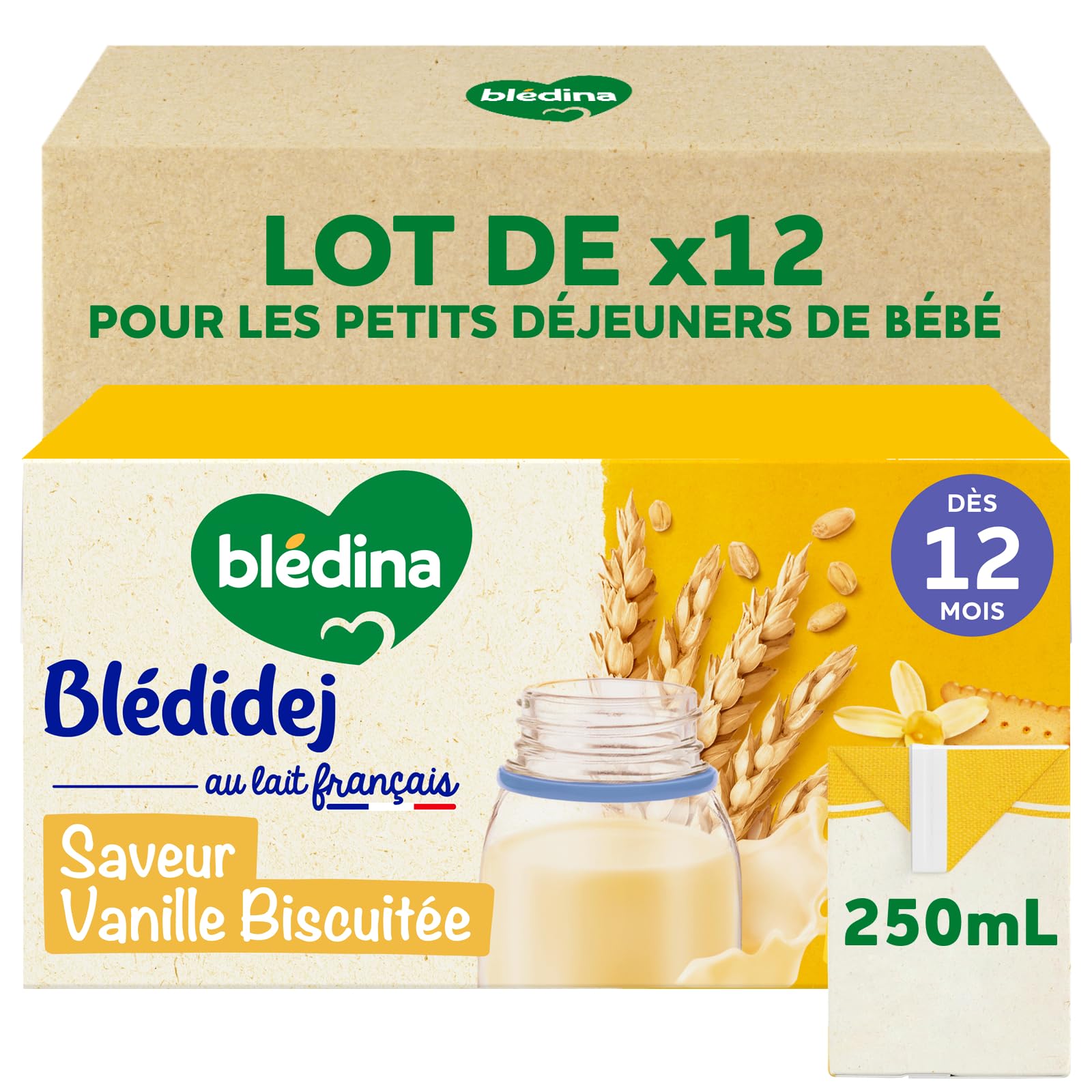 Blédina Blédidej Céréales bébé Biscuité Saveur Vanille - Dès 12 Mois - Lait bébé pour petit-déjeuner - Source de Calcium, Vitamine C, Fer, Oméga 3 (ALA) - Format Pratique x12 briques 250 mL - 1