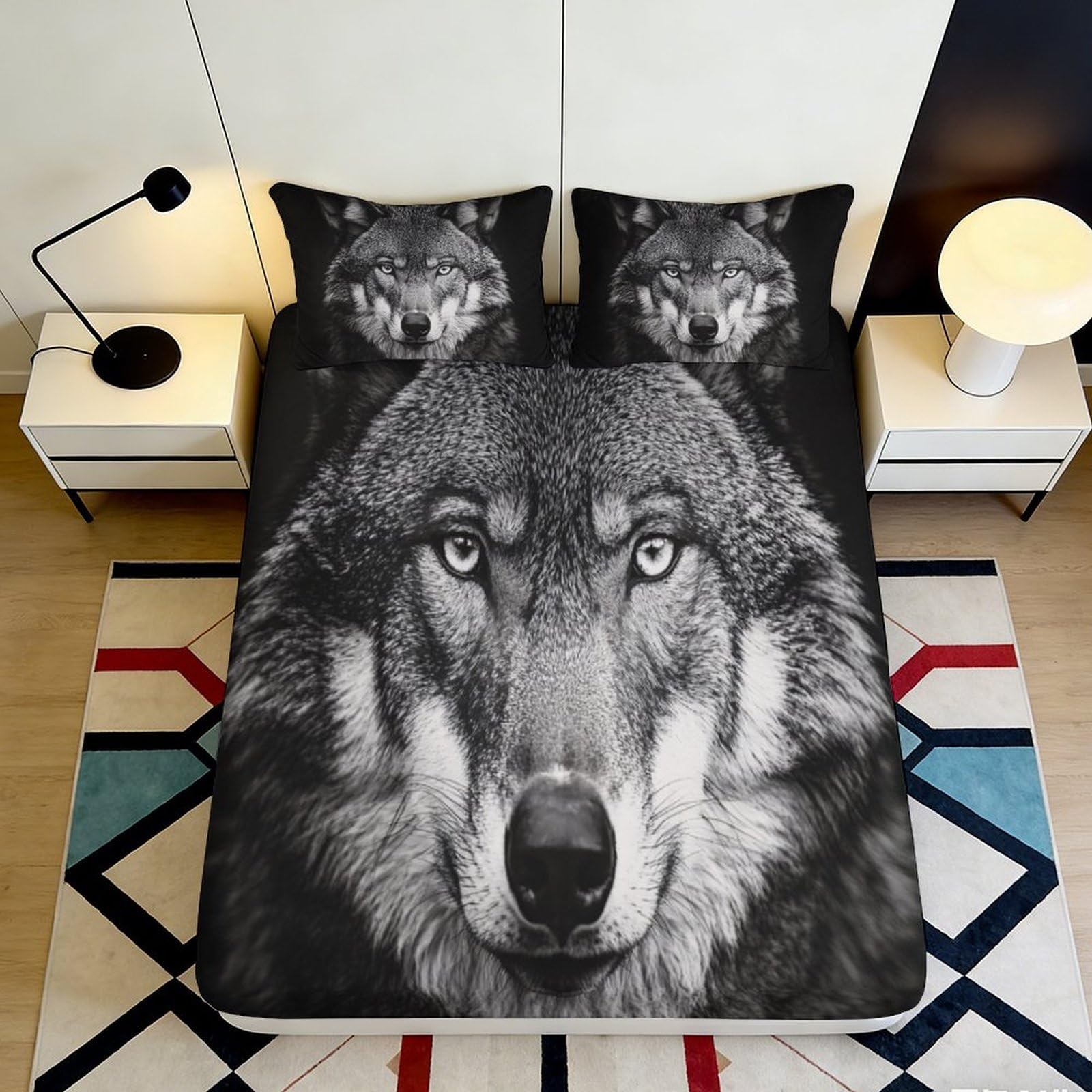 3D Printed Wolf Face Fitted Sheet Microfiber Soft Black Animal Pattern Mattress Cover for Bedroom Dorm Decor 160x200x25cm