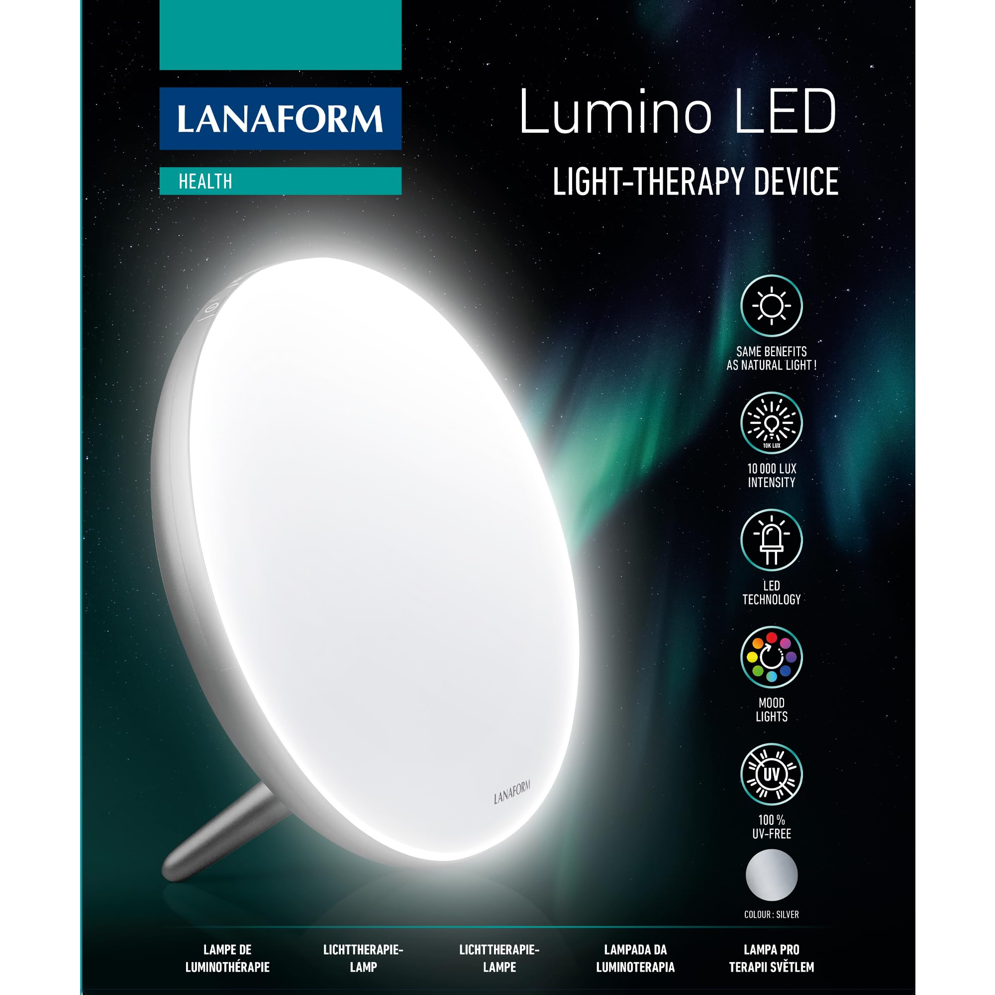 Lanaform Lumino LED Silver - Lámpara De Terapia De Luz - 10000 Lux - CONDUJO - Libre De Rayos UV - 5 Intensidades Ajustables
