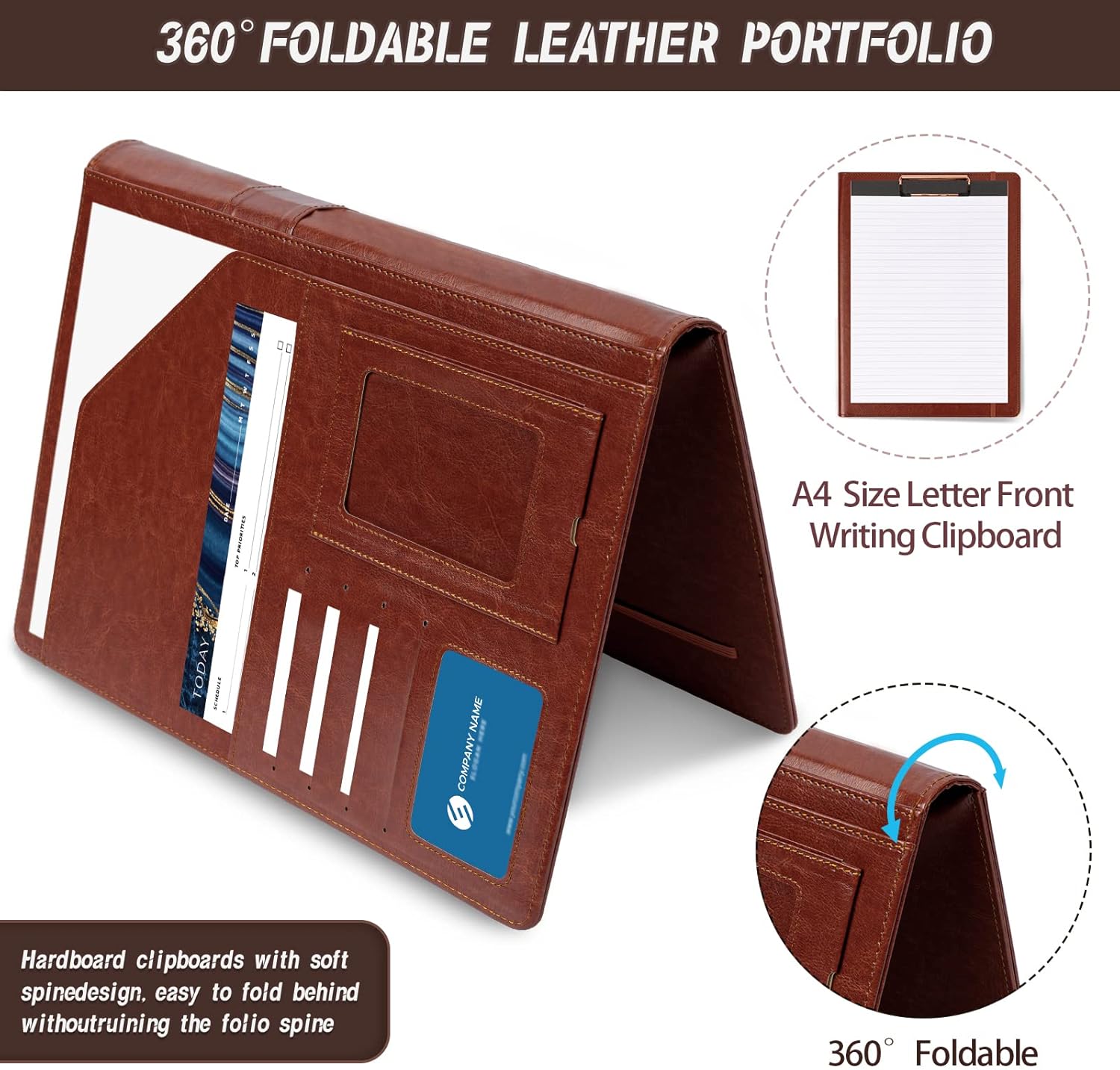 Brown Leather Portfolio Organizer Clipboard Storage Folio Padfolio for Men Notepad Notebooks for Work - Image 2