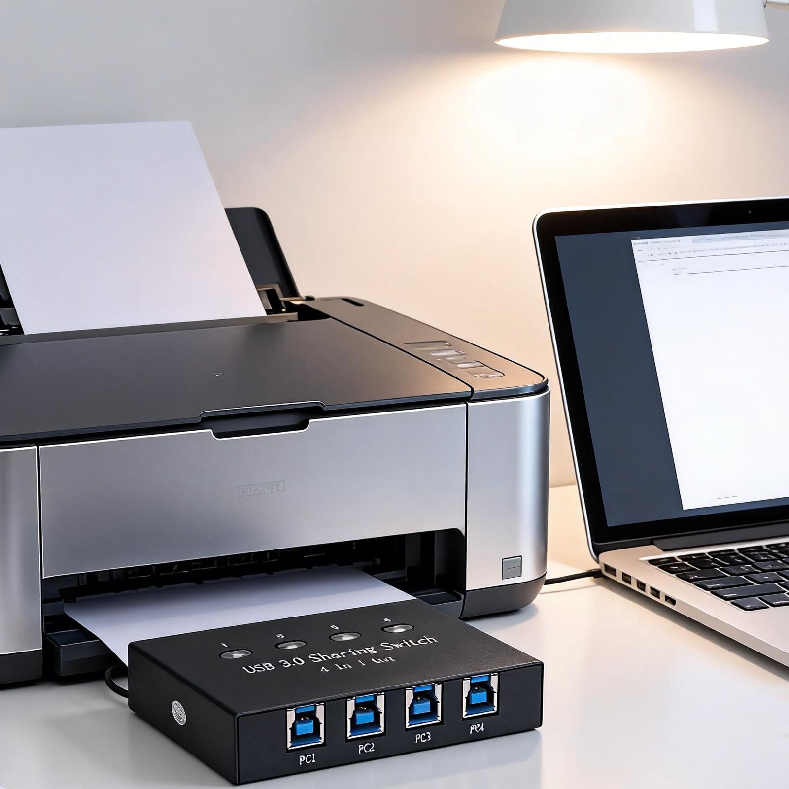 Jectse Switch per Condivisione Stampante USB 3.0, Commutatore Manuale 4 in 1 Uscita per Computer, con Connessione Stabile per più Sistemi Operativi e OS X