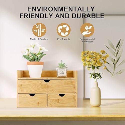 Miniatura 5 de Organizador de escritorio de bambú con 3 cajones con estante, organizador de encimera con cajones, cajón de almacenamiento de maquillaje, 3 cajones,