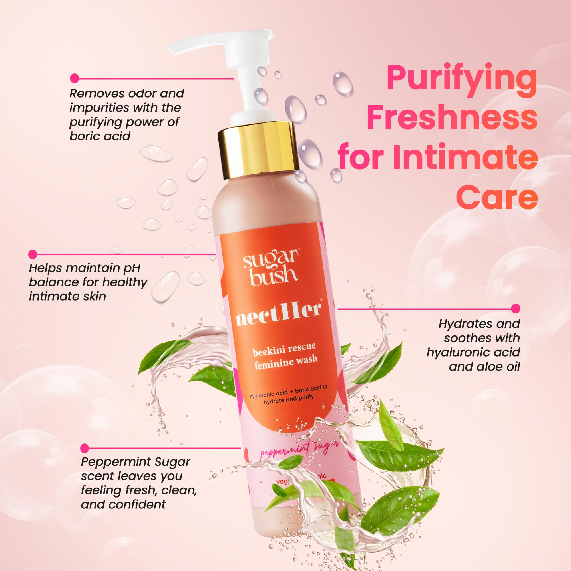 nectHer Purifying Feminine Wash – Hydrating Gelée with Hyaluronic & Boric Acid | pH-Balanced Odor Control | Peppermint Sugar Scent | 7oz