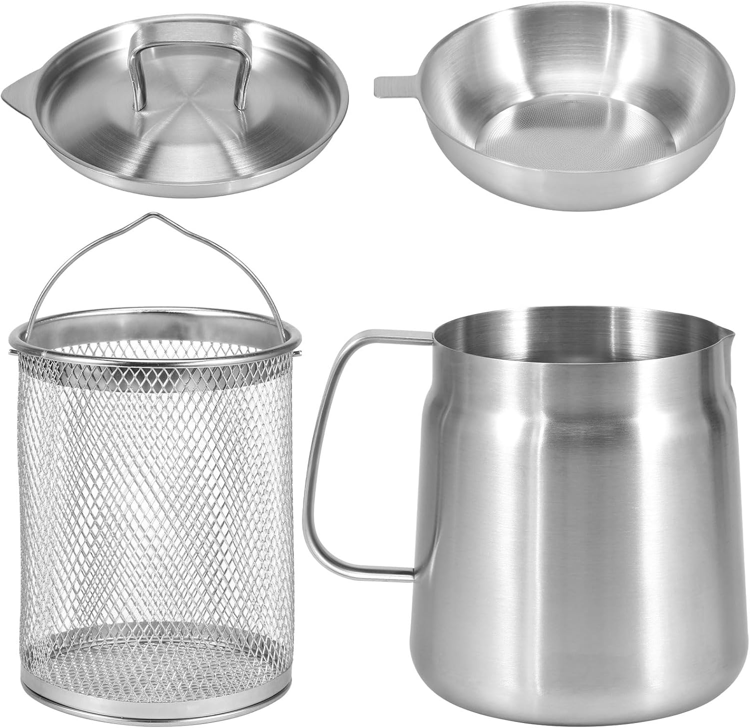 304 Stainless Steel Oil Strainer Pot, Cooking Oil Filter Pot w/Lid & Frying Basket, Large Capacity Frying Oil Storage Can, Oil Container for Deep Fryer, Bacon Oil Saver for Kitchen Storing Frying Oil