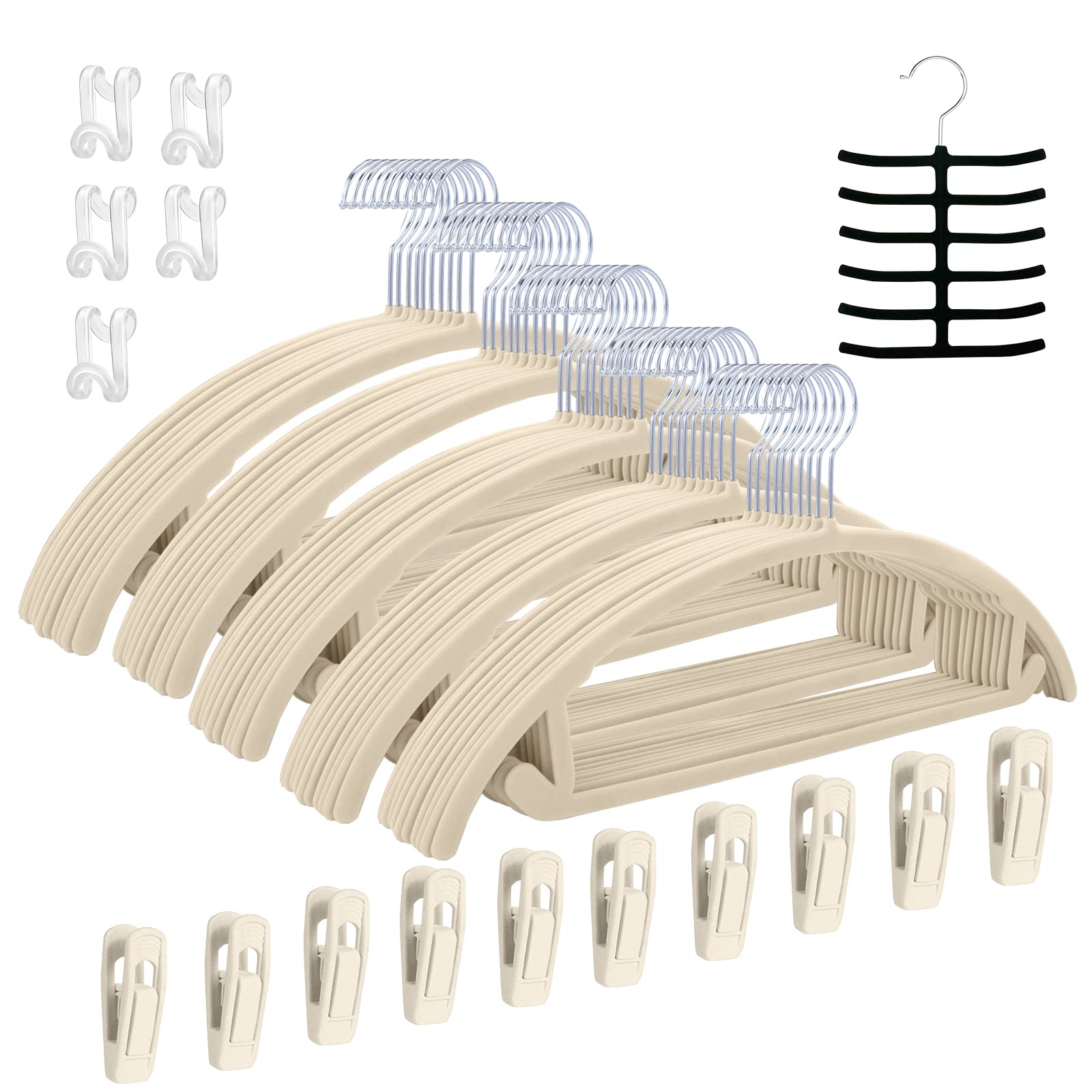 Tycom Non-Slip Velvet Hangers - Suit Hangers (50 Pack) Ultra Thin Space Saving 360 Degree Swivel Hook Clothes Hangers Hold Up-to 10 Lbs, for Coats, Jackets, Pants, Dress Clothe- Curved 50pcs Beige