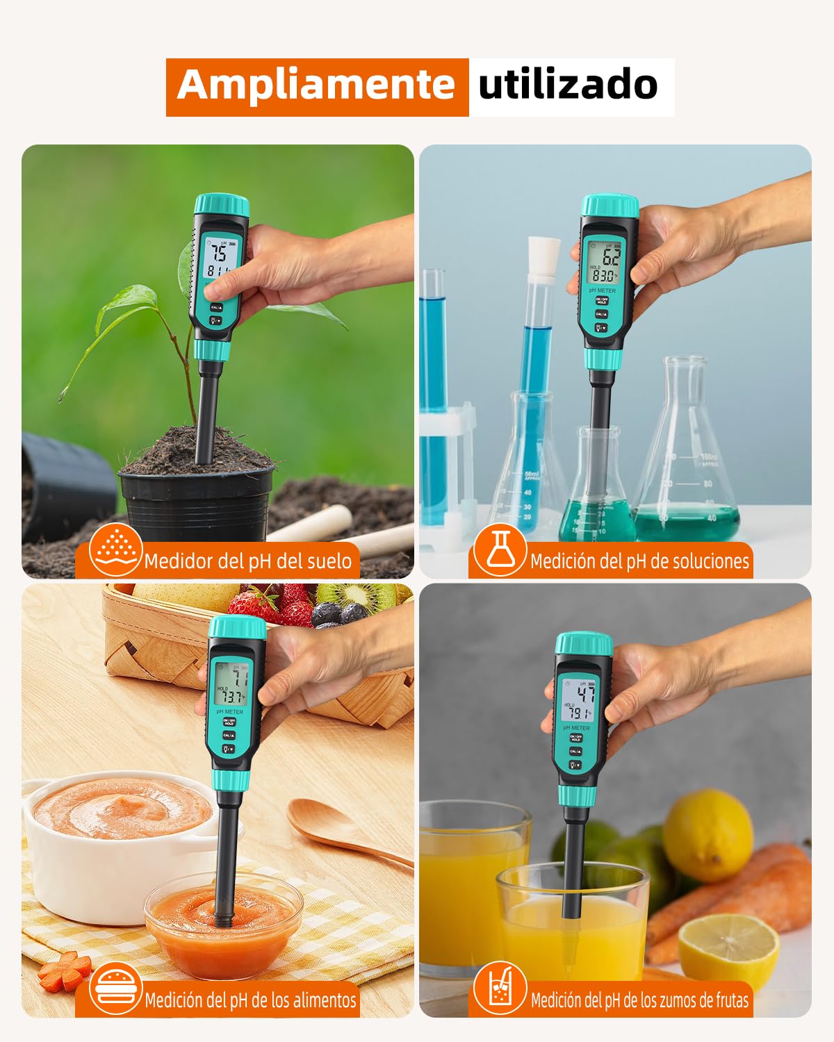 Tadeto Medidor de pH del Suelo, medidor del valor de pH para jardín, agua y alimentos con cabezal metálico protector y pantalla LCD