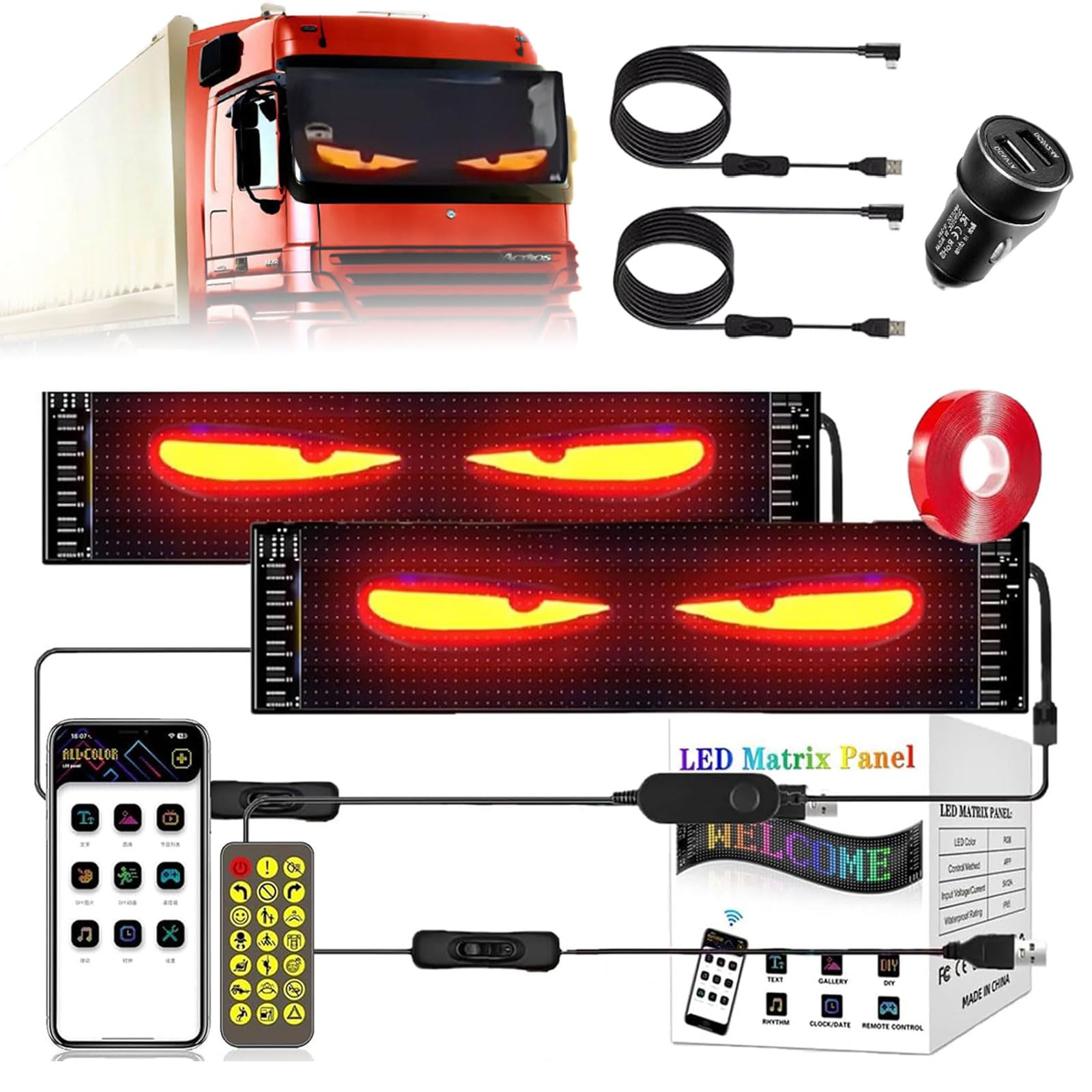 Devil Eyes Light para coche de 2 unidades (12 x 59,5 cm), ojos LED para camiones con mando a distancia, programable, personalizable, luz de ojos de diablo, ojos de diablo, camión para coche