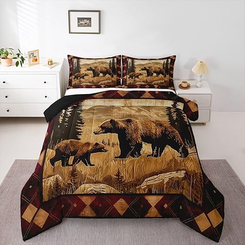 Erosebridal Farmhouse Bear Twin Comforter Set for Kids Boys Girls,Cabin Hunting Lodge Bedding Set,Rustic Wild Animal Duvet Insert,Geometric Plaids Bed Set for All Season