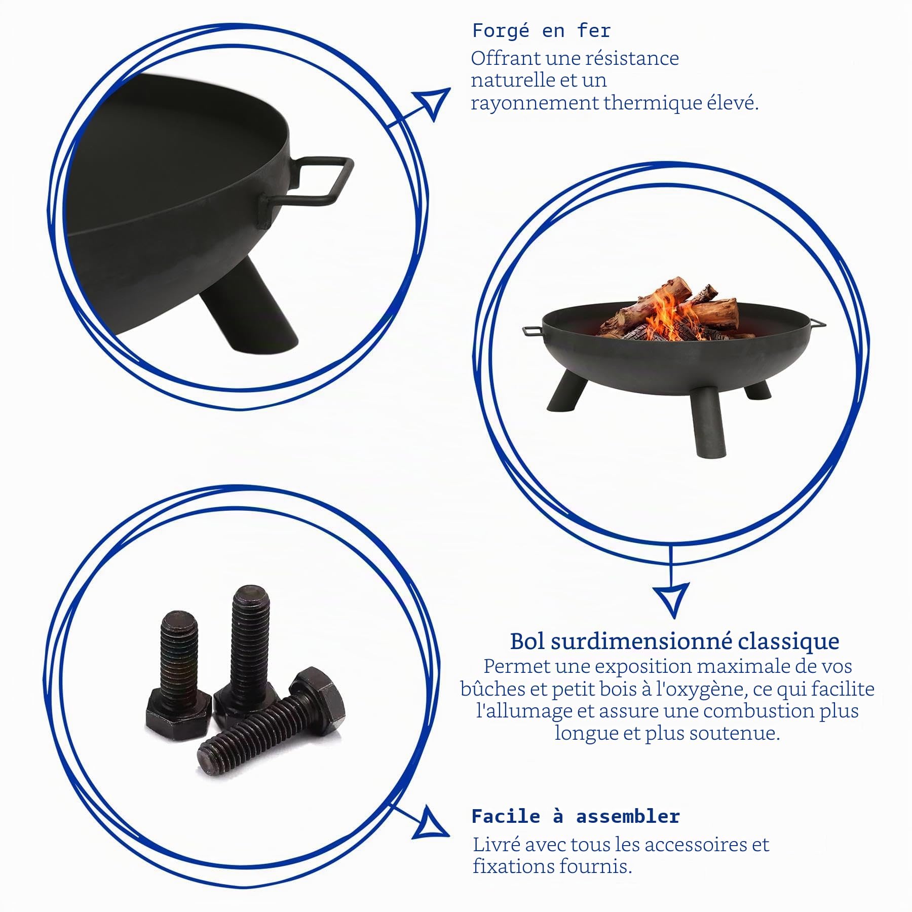 1x Foyer Rond en Fer - 99cm - Noir - Grand Extérieur Jardin Patio Camping Bois Brûleur à Bûches Feu Chauffage Bol - par Hammer & Tongs
