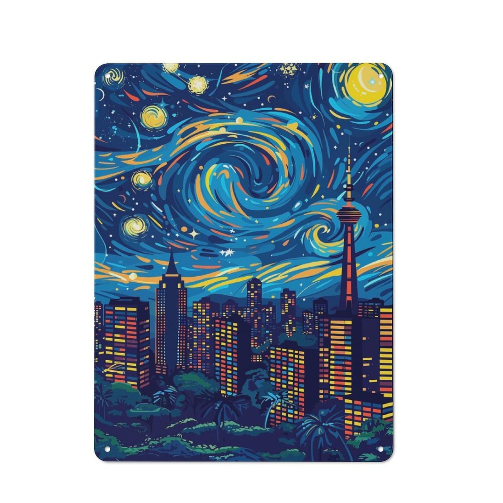 Metal Wall Plaque with Cityscape Under A Swirling Starry Night Design 40x30cm, Retro Room Wall Plaque for Home, Shop, Pub Or Studio Wall