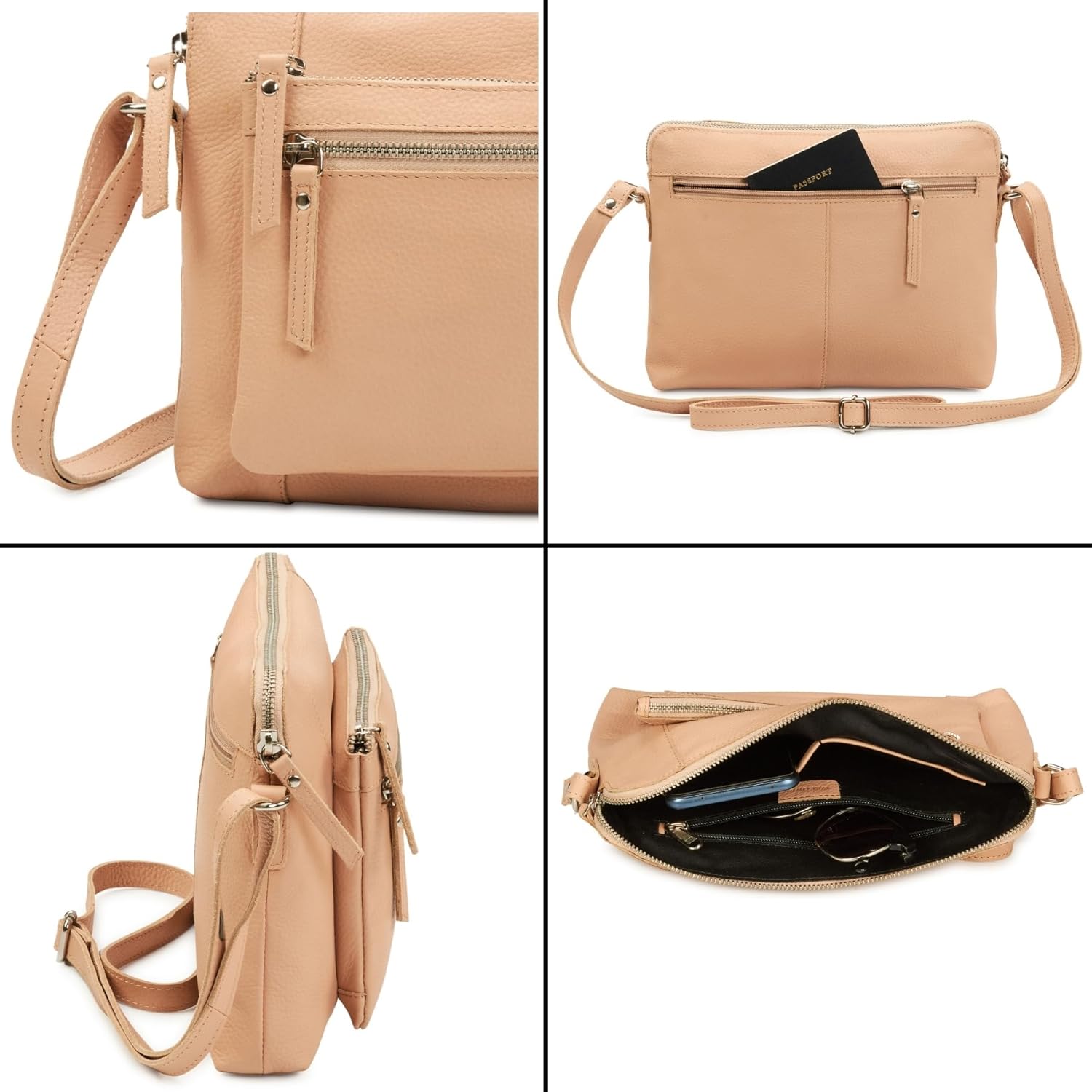 Leather Crossbody Bags for Women Small Soft Genuine Pebbled Sling Shoulder Handbag Crossover Purse with Full Adjustable Strap (Nude Nappa)