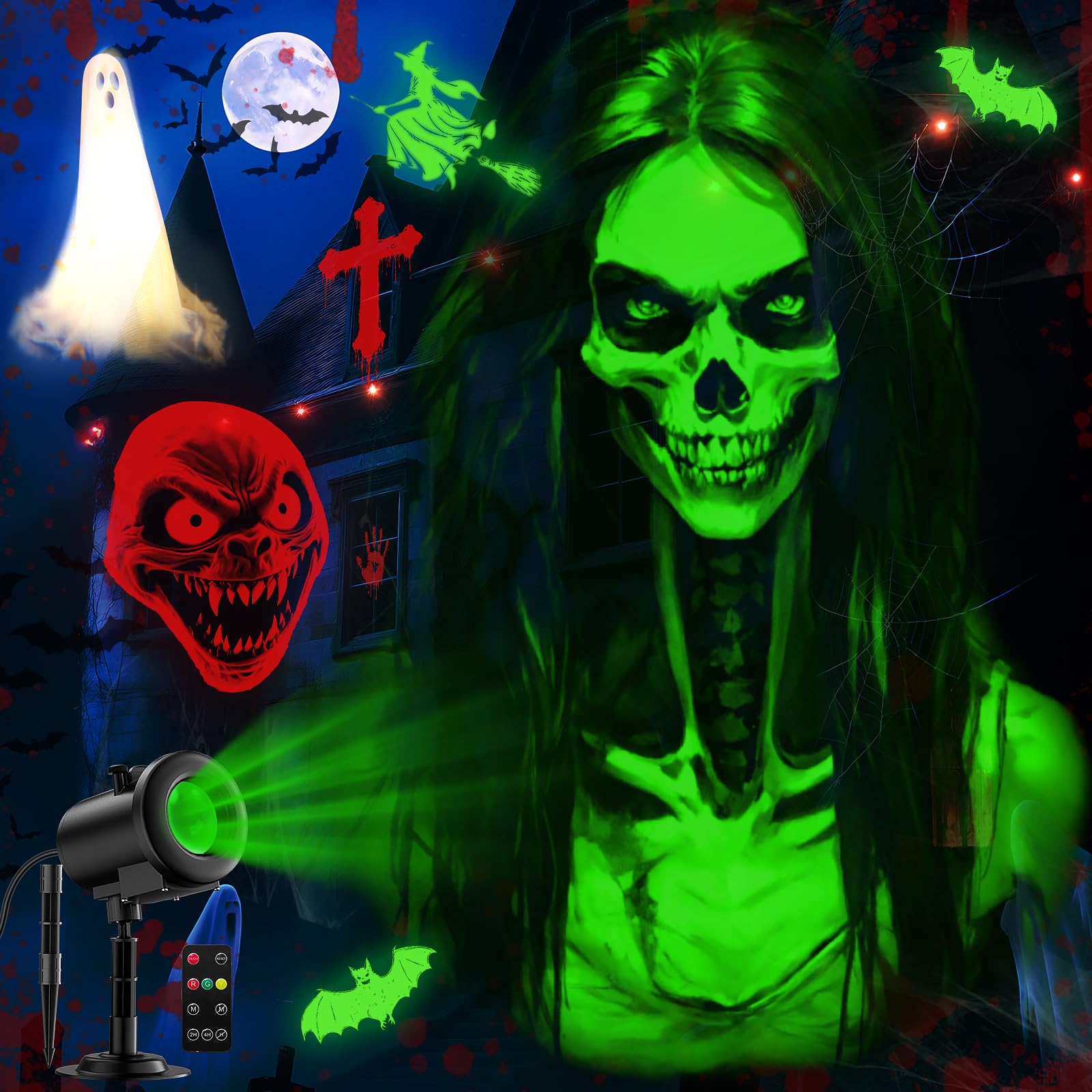 Halloween Deko Outdoor Innen 3D Dynamische Halloween Projektor  Wasserdicht LED Projektionslampe mit Spinne Geister Hexe Schädel Fledermaus für Wand Friedhof Fenster Garten Hof Party Deko Projector