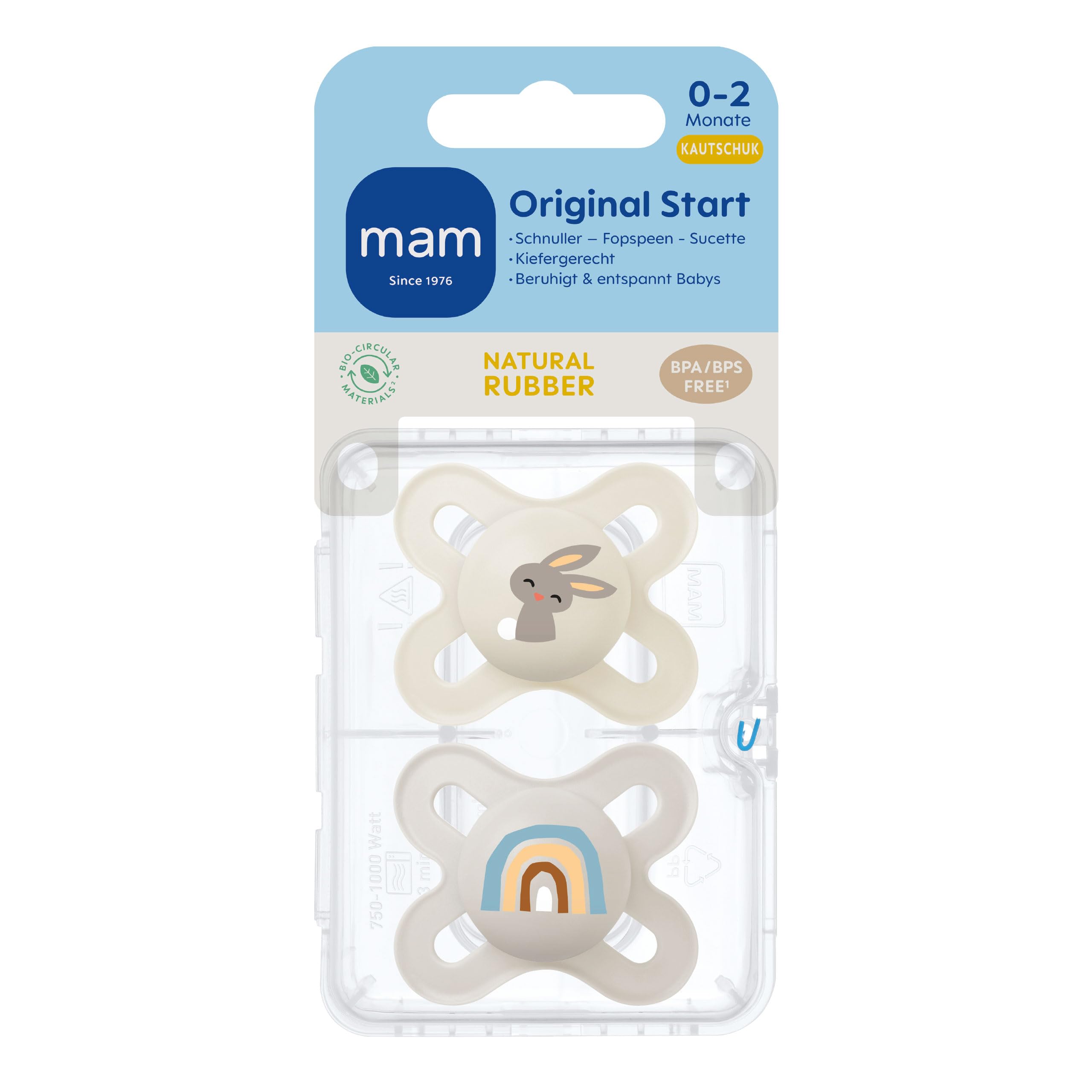 Besuche den MAM- MAM Original Start Schnuller | Latexschnuller | 0-2 Monate | Schnuller für Neugeborene | 94% Akzeptanz | stillfreundlich | von Hebammen empfohlen | extra bissfest | Latex | Hase/Regenbogen | 2 Stück in use