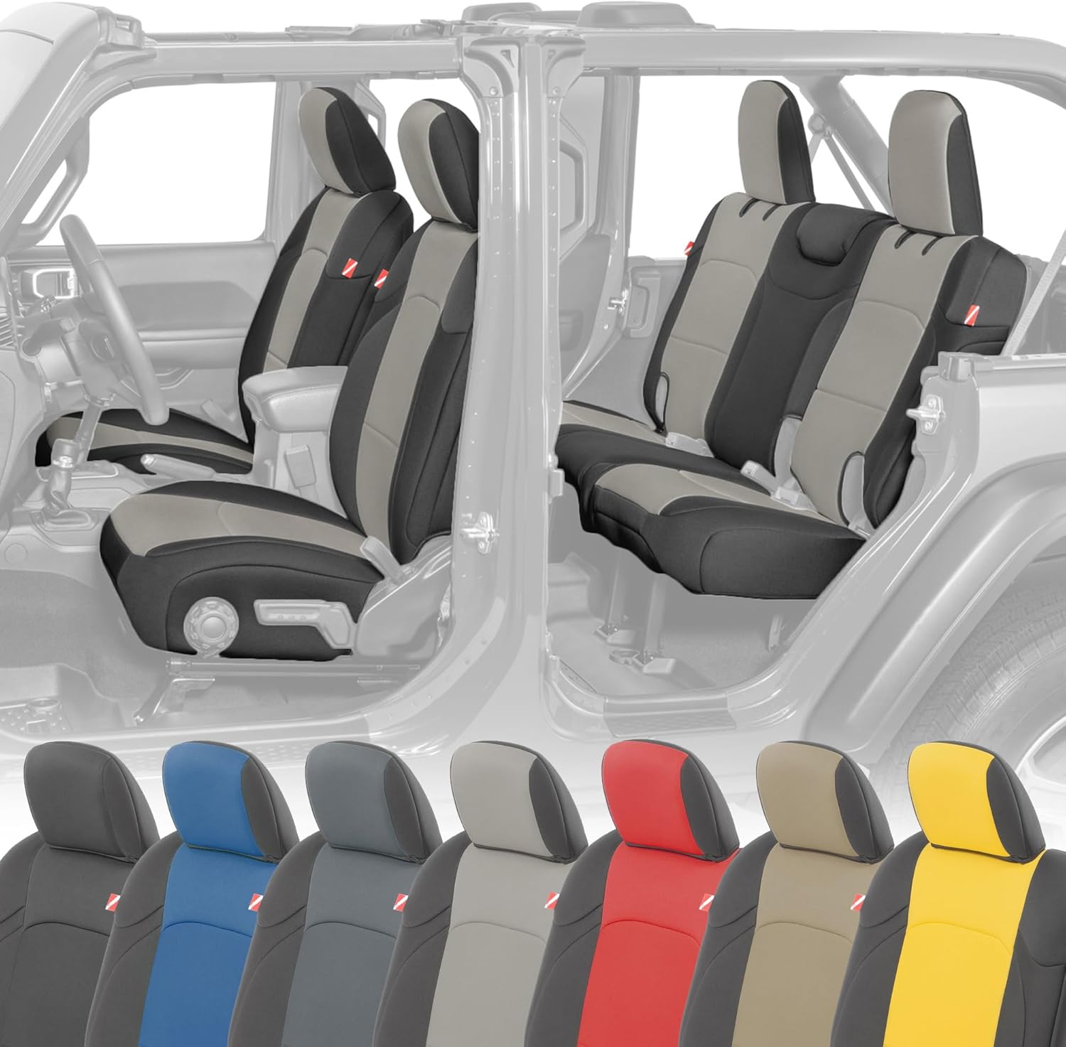 Diver Down Neoprene Seat Cover Set - Fits Jeep JL 4-Door 2018-2025 - Custom Fit Jeep Wrangler Seat Covers 4 Door - Soft Padded Cushion - Does Not Fit 2024+ Power Seats (Tan, Fits Cloth Seat Models)