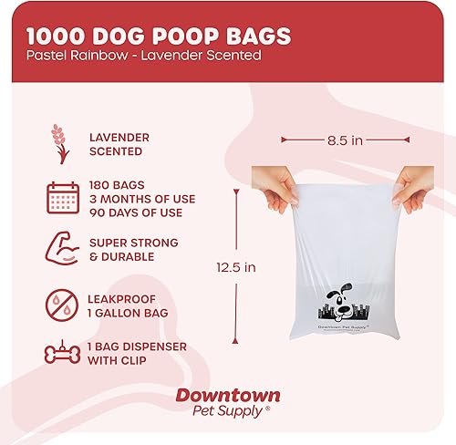Miniatura 2 de Downtown Pet Supply 1000 bolsas de basura perfumadas de lavanda para perros con dispensador de bolsas de excremento de perro, a prueba de fugas,