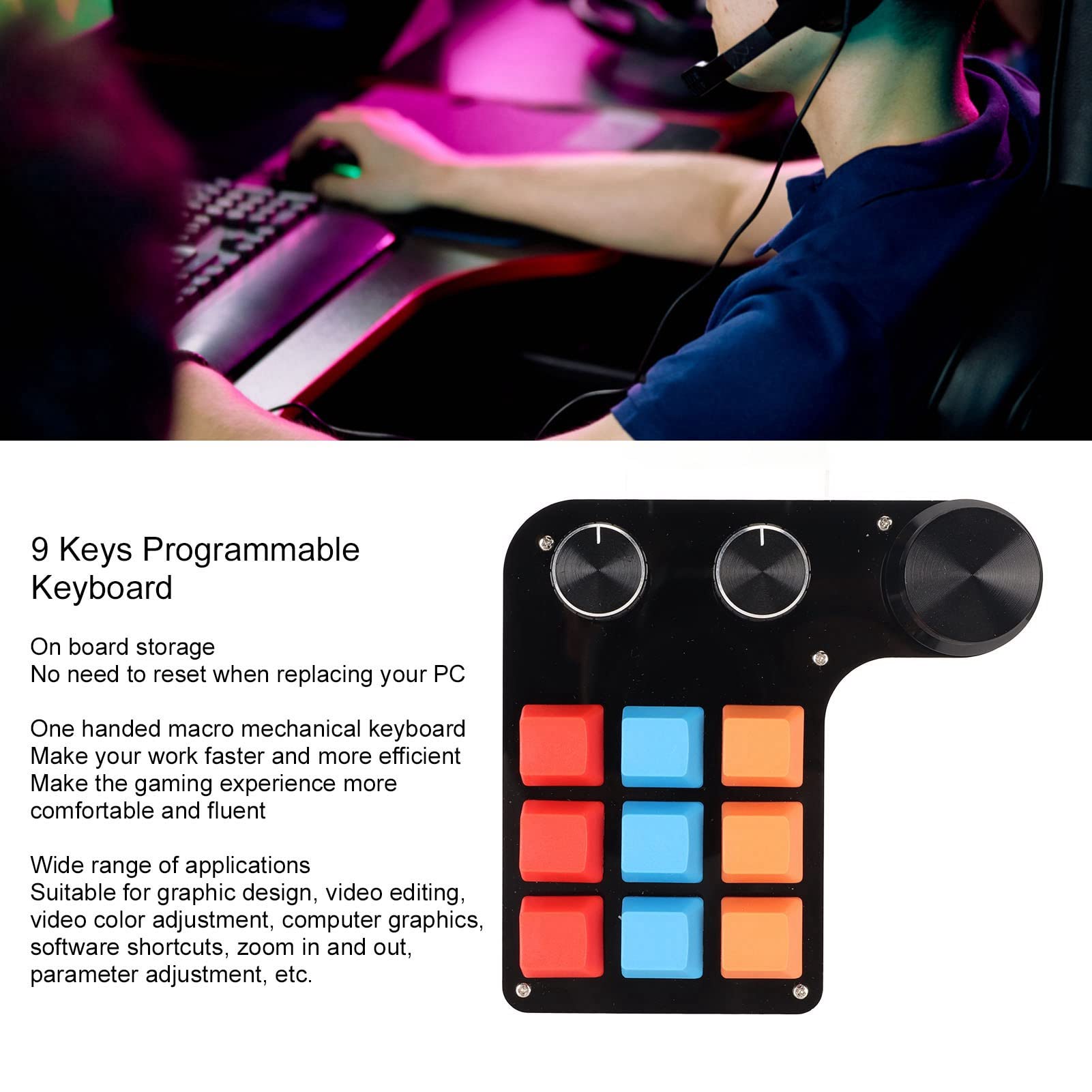 Tastiera Programmabile a 9 Tasti, Tastiera da Gioco Meccanica Mini Macro con 3 Manopole per Ufficio, Progettazione Grafica, Editing Video